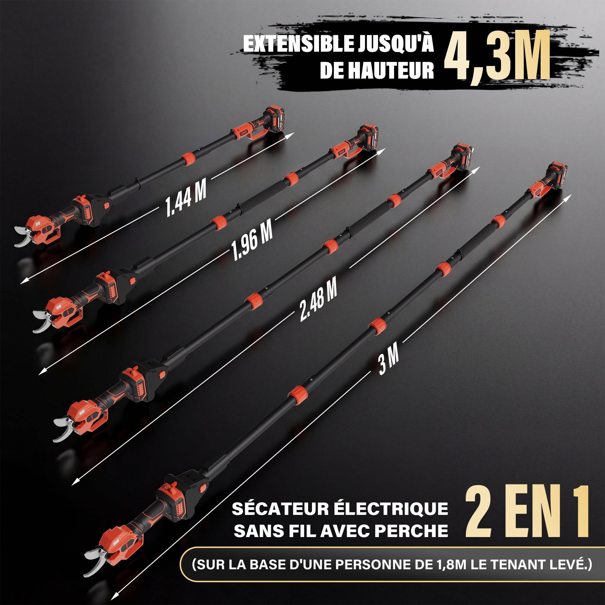 Teeno - Sécateur Électrique Avec Perche, 2-en-1 Secateur Electrique Sans Fil Télescopique, Portée Totale 4.3 m, Coupe 50 mm, 2 * 4,0Ah Batteries - Image 2