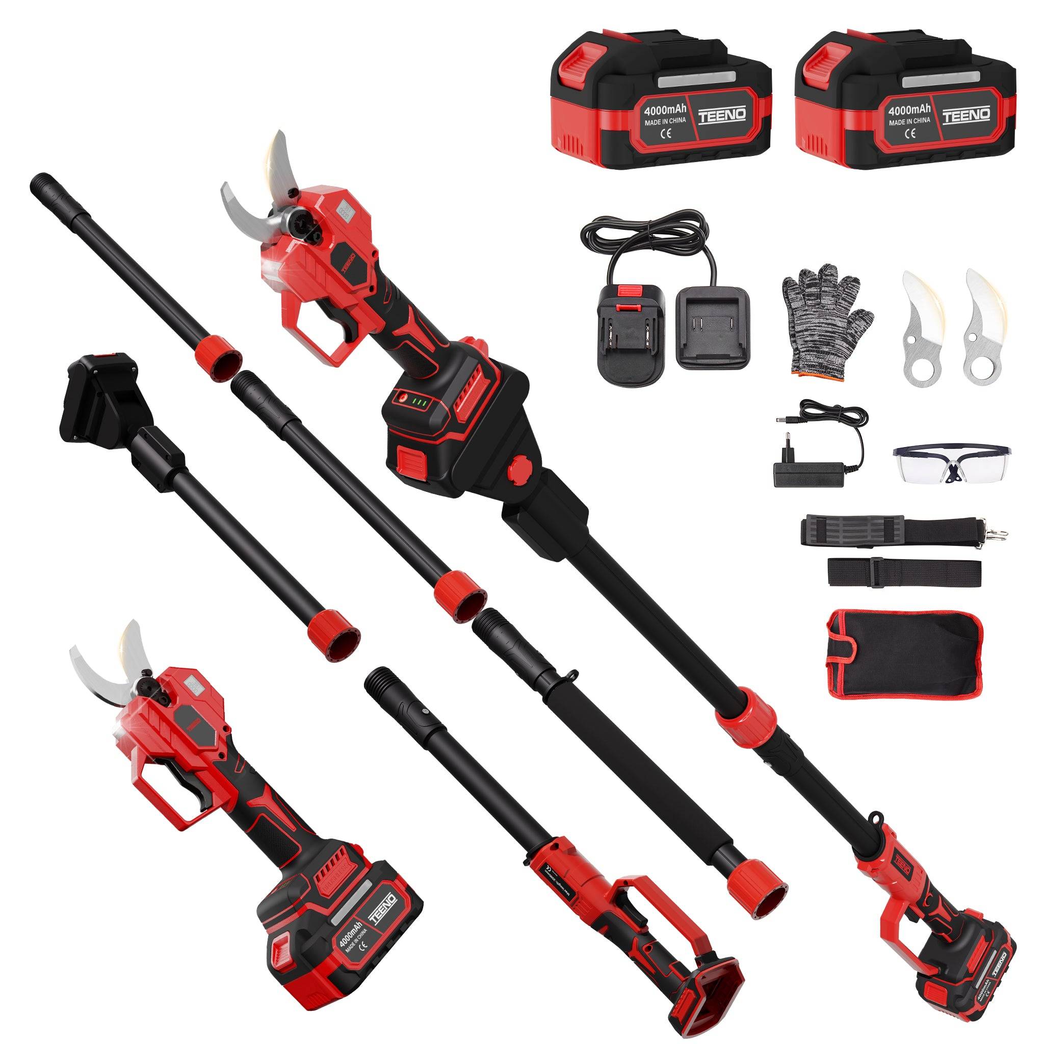 Teeno - Sécateur Électrique Avec Perche, 2-en-1 Secateur Electrique Sans Fil Télescopique, Portée Totale 4.3 m, Coupe 50 mm, 2 * 4,0Ah Batteries - Image 1