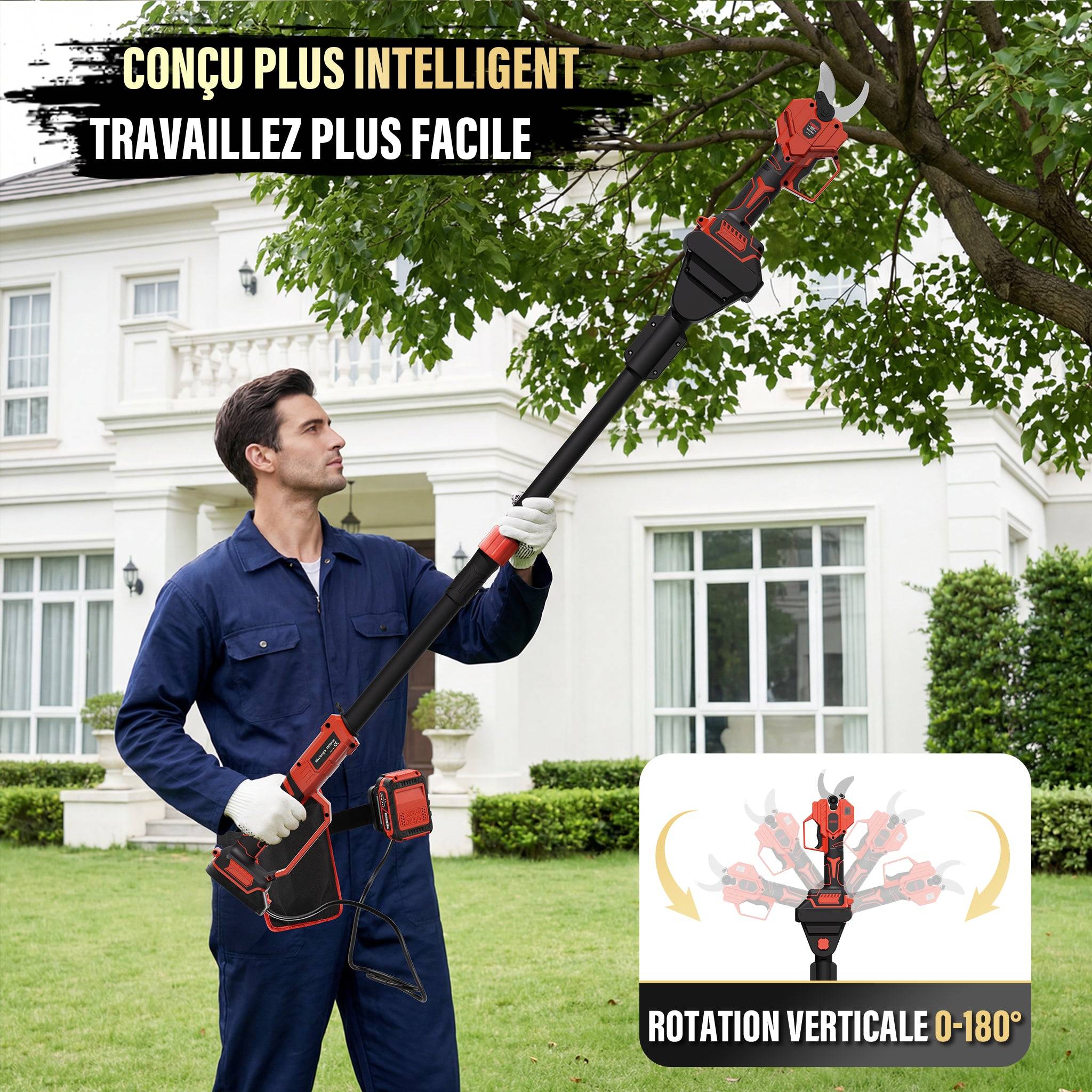 Teeno - Sécateur Électrique Avec Perche, 2-en-1 Secateur Electrique Sans Fil Télescopique, Portée Totale 4.3 m, Coupe 50 mm, 2 * 4,0Ah Batteries - Image 4
