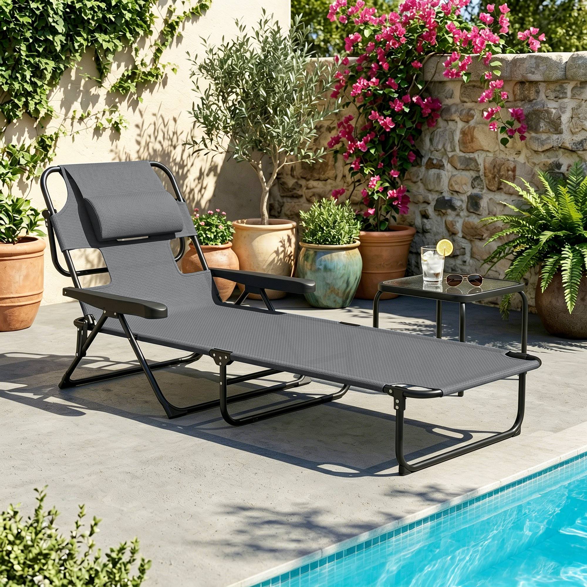 Transat, chaise longue de jardin, chaise longue de détente, pliable, résistant aux intempéries, 194 cm x 72 cm x 89 cm, noir et gris foncé - Image 4
