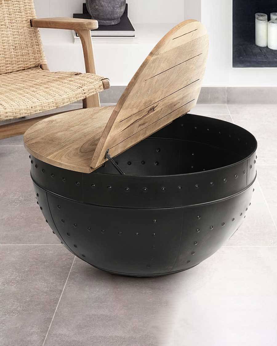 Lasco - Table basse coffre ronde en métal et bois - UNIQKA - Imagen 2