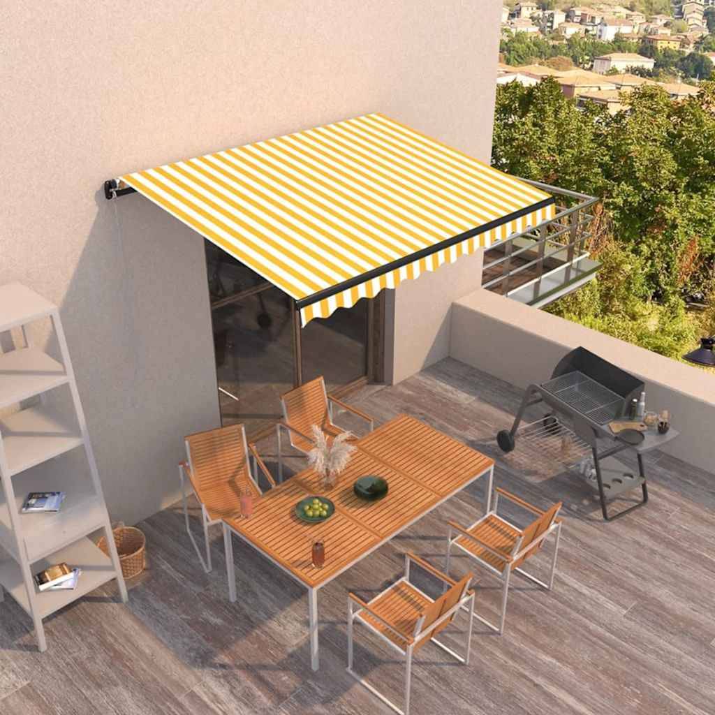 Store banne rétractable manuel aluminium terrasse 350x250cm jaune et blanc - ComfortXL Outdoor Living - Image 1