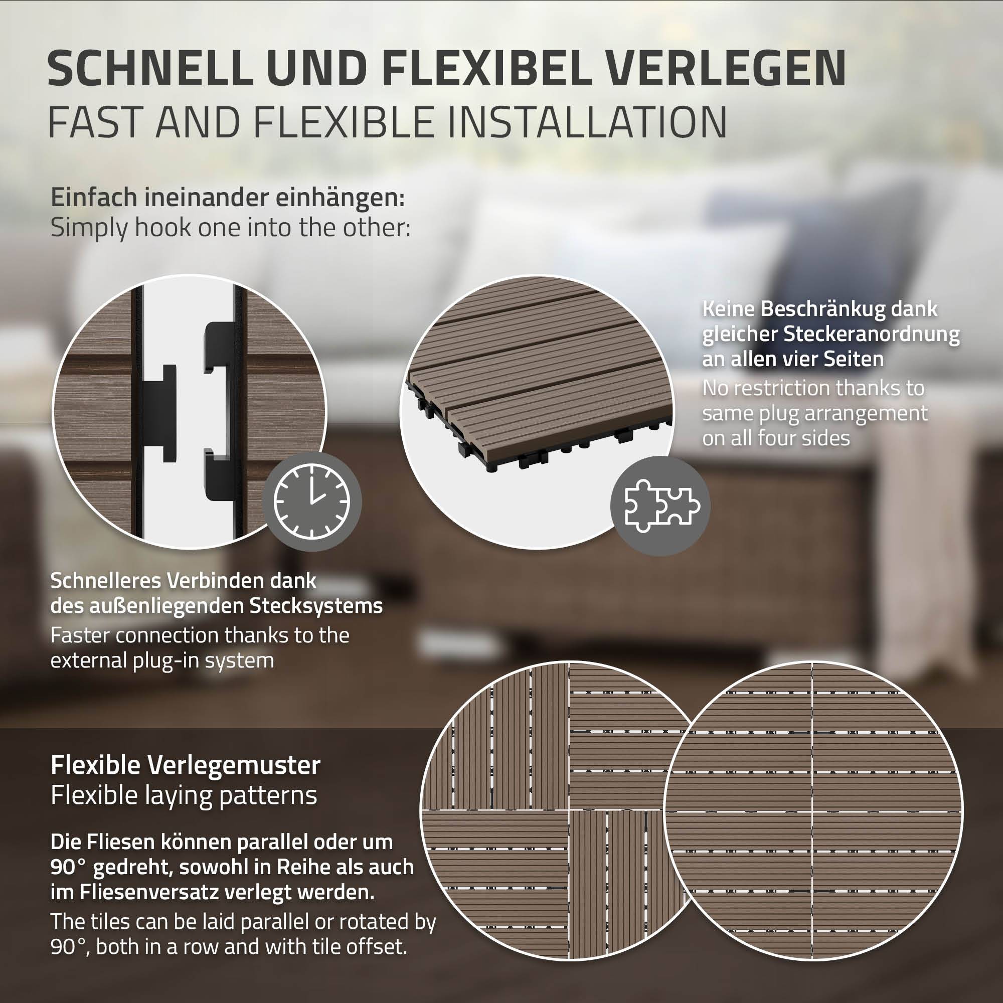 Ecd-Germany - Carreaux terrasse dalles 30x30 cm 5 m² aspect bois marron foncé - Imagen 5