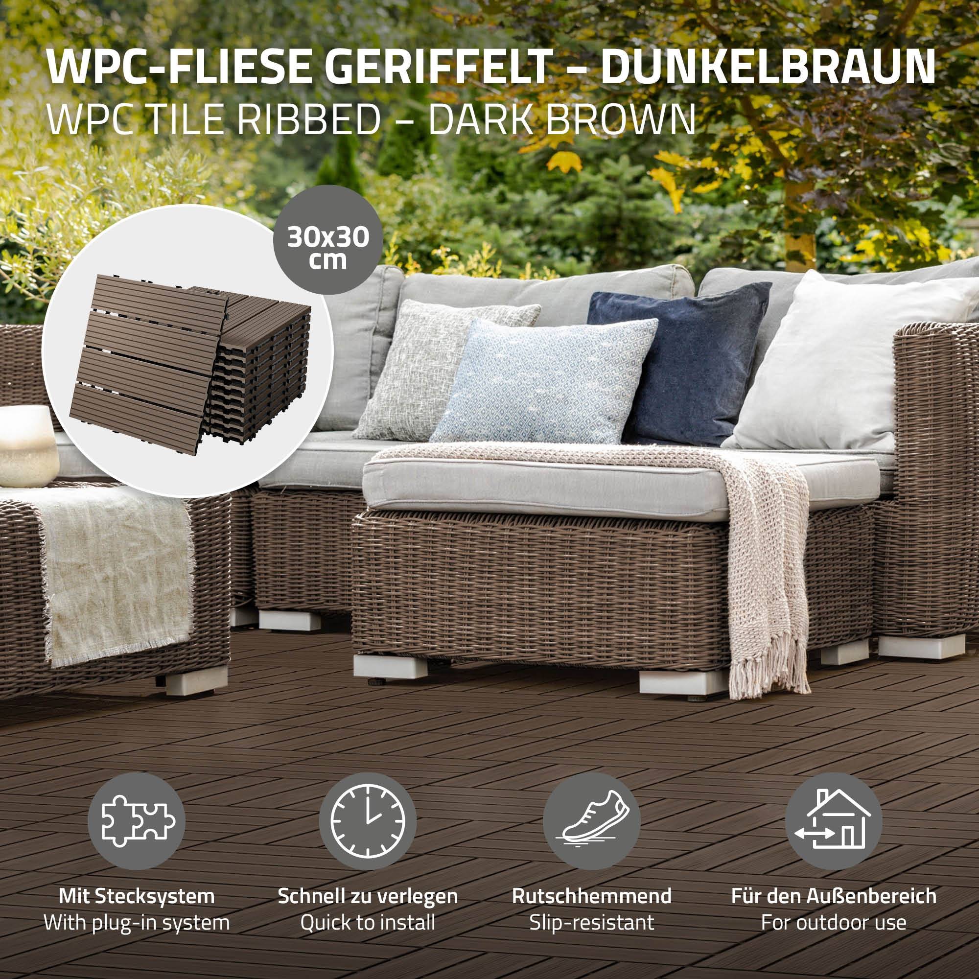 Ecd-Germany - Carreaux terrasse dalles 30x30 cm 5 m² aspect bois marron foncé - Imagen 2