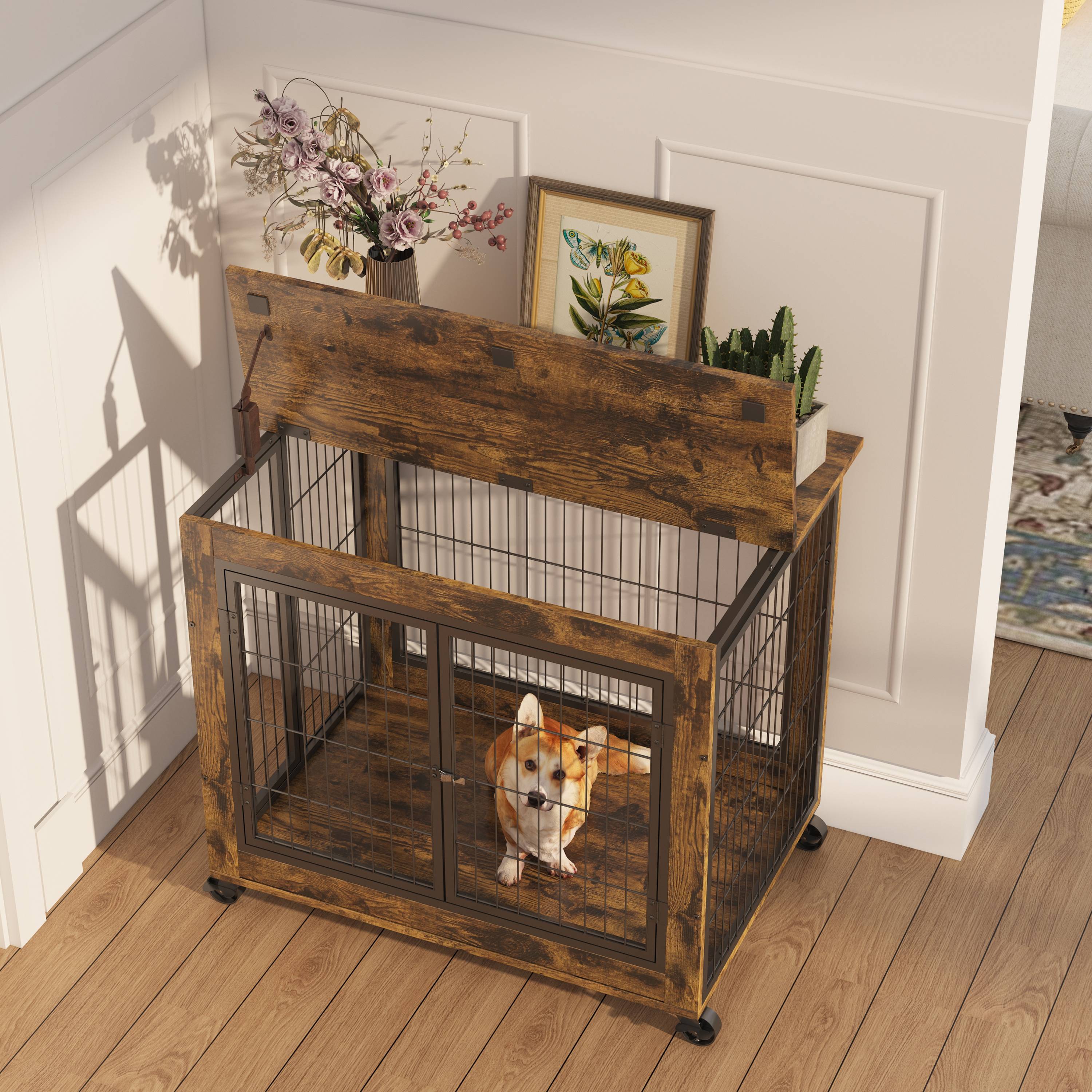 Cage pour chien en bois avec double porte et toit ouvrant, avec roulettes, vintage brun, 80 x 56 x 69.5 cm - PANGIVO - Image 3