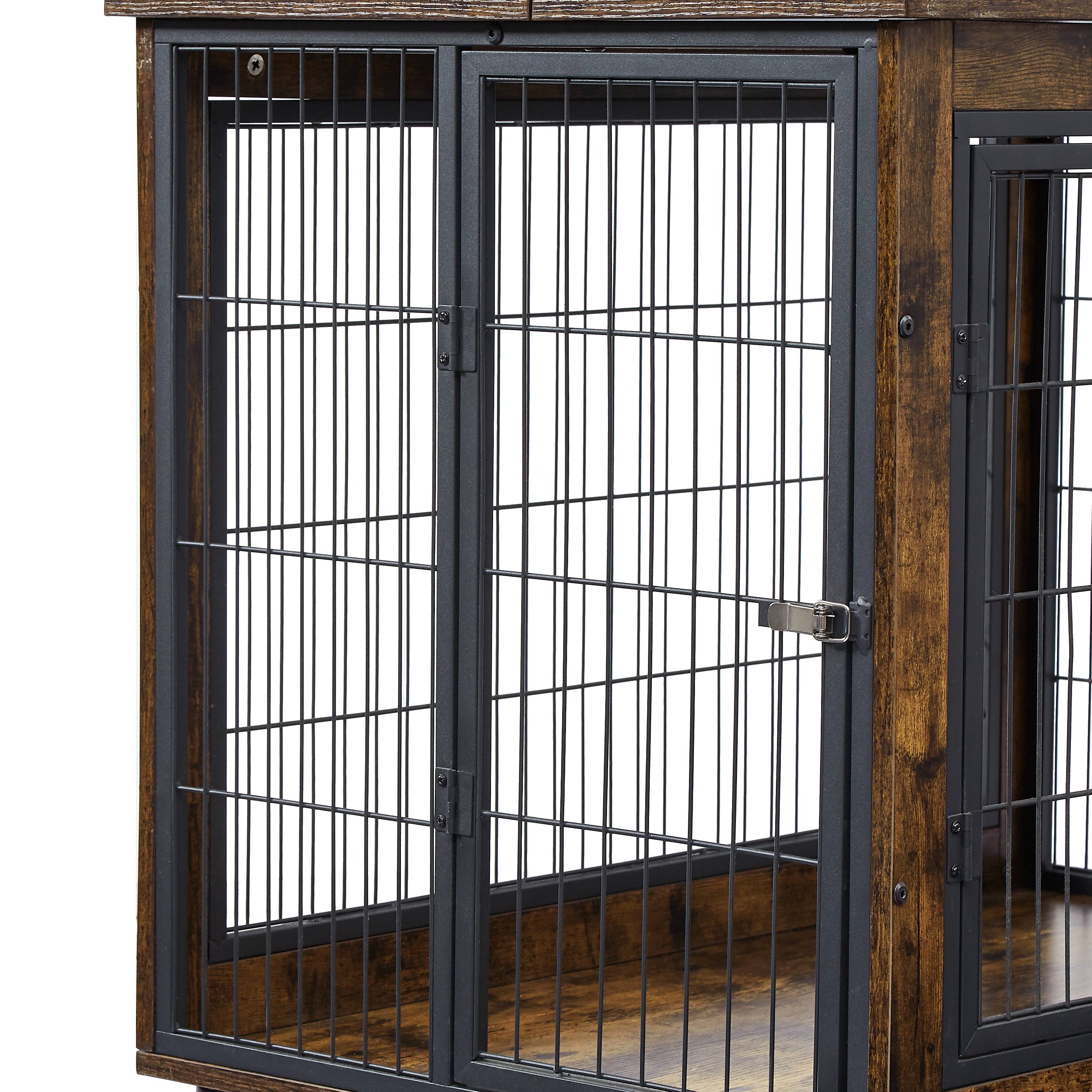 Cage pour chien en bois avec double porte et toit ouvrant, avec roulettes, vintage brun, 80 x 56 x 69.5 cm - PANGIVO - Image 10