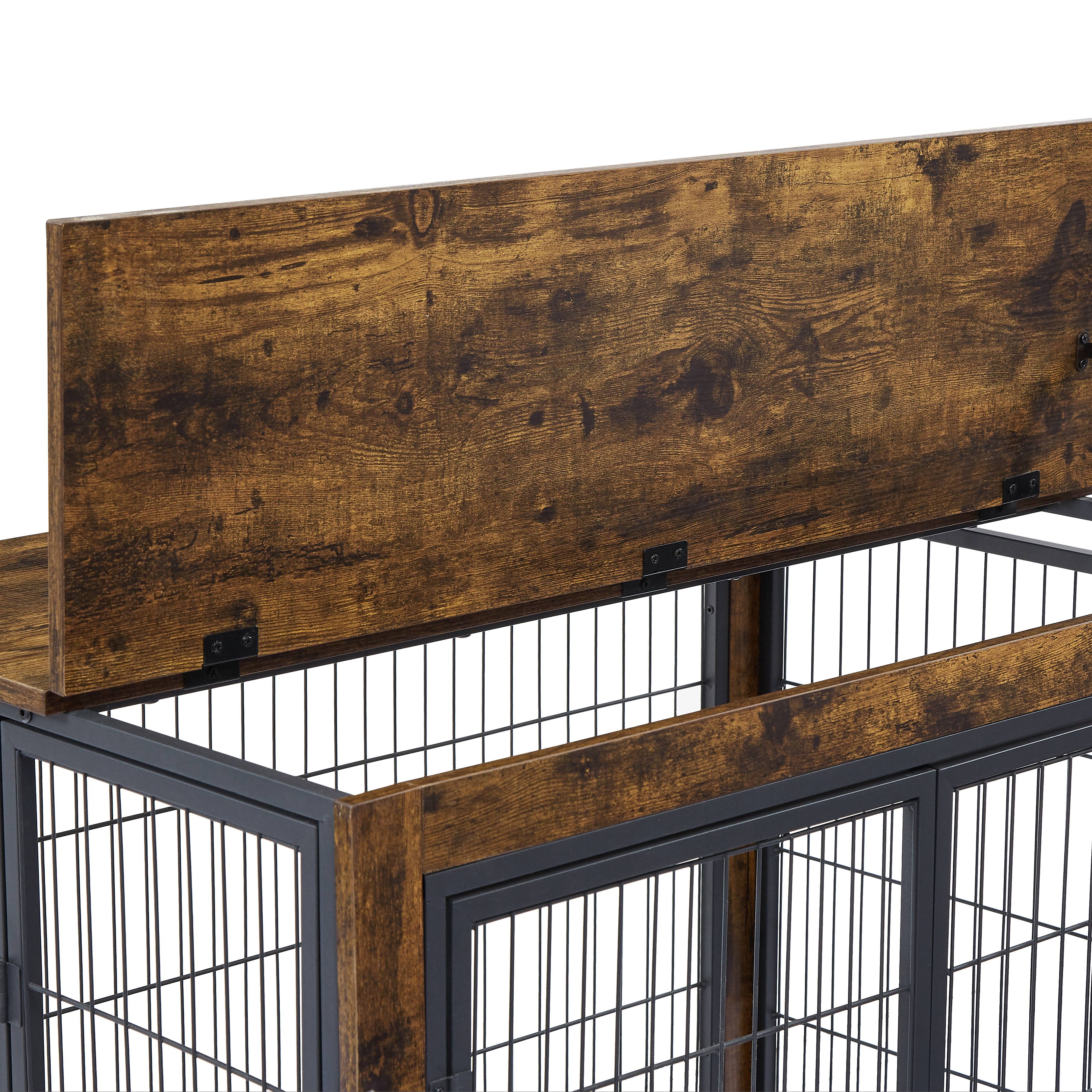Cage pour chien en bois avec double porte et toit ouvrant, avec roulettes, vintage brun, 80 x 56 x 69.5 cm - PANGIVO - Image 8