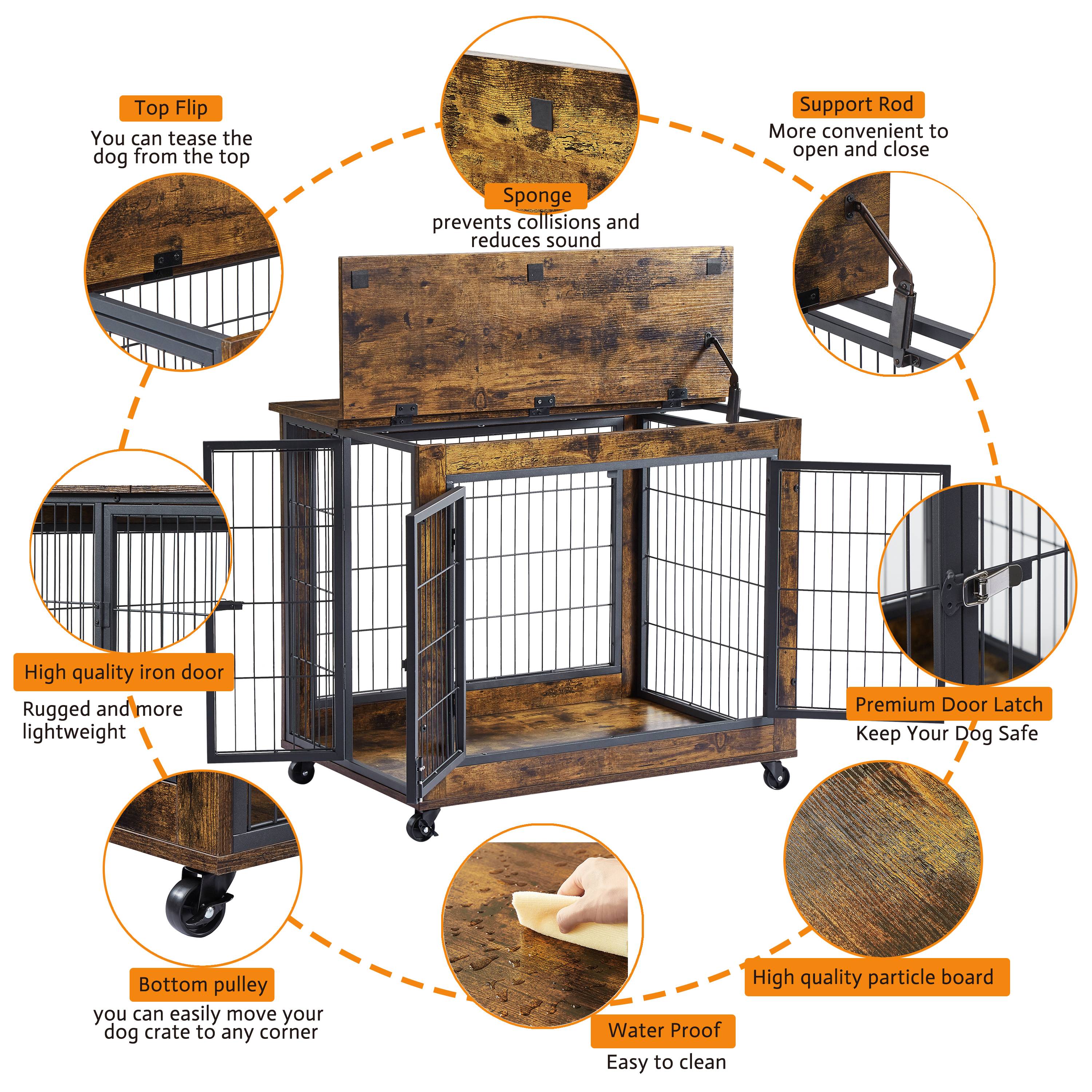 Cage pour chien en bois avec double porte et toit ouvrant, avec roulettes, vintage brun, 80 x 56 x 69.5 cm - PANGIVO - Image 7
