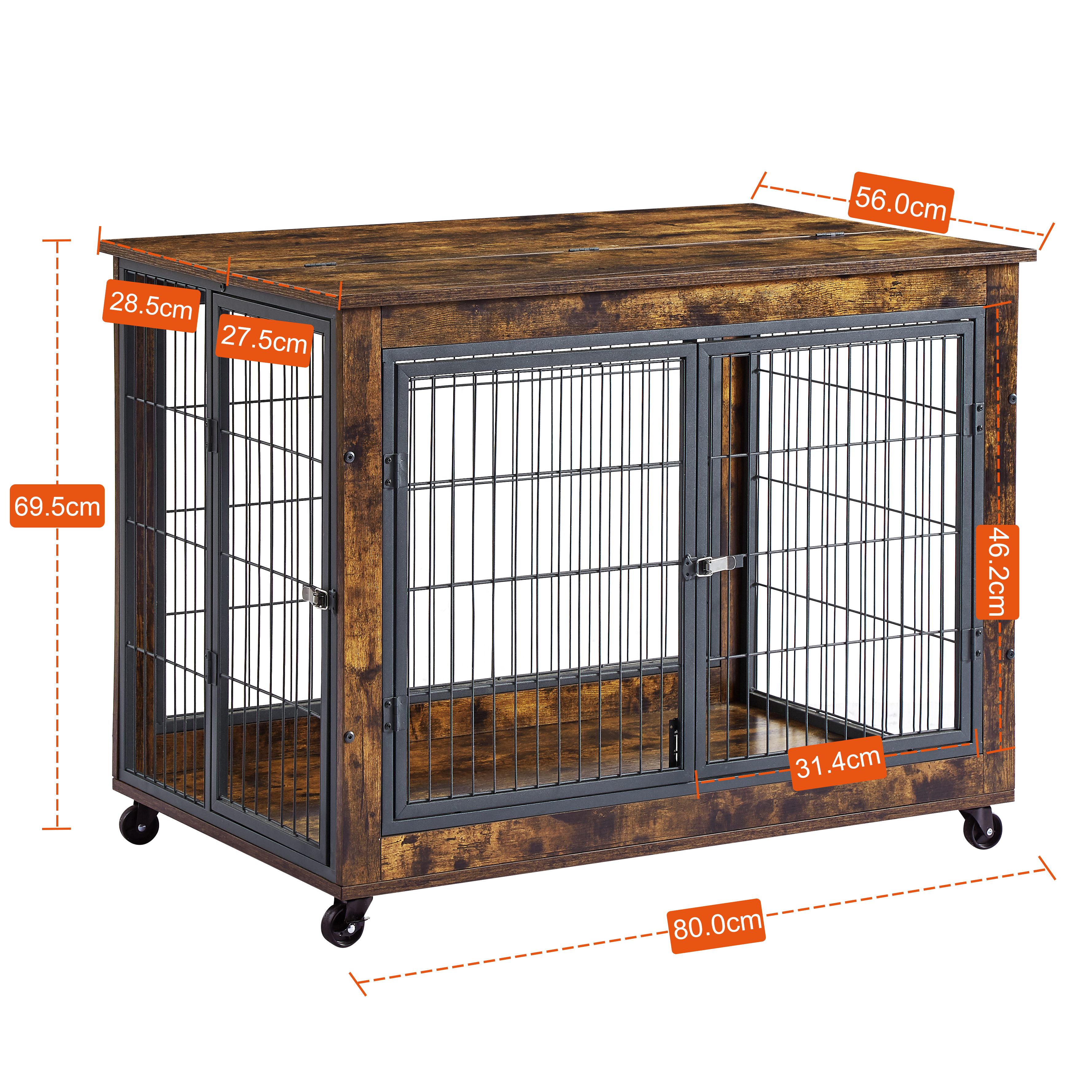 Cage pour chien en bois avec double porte et toit ouvrant, avec roulettes, vintage brun, 80 x 56 x 69.5 cm - PANGIVO - Image 4