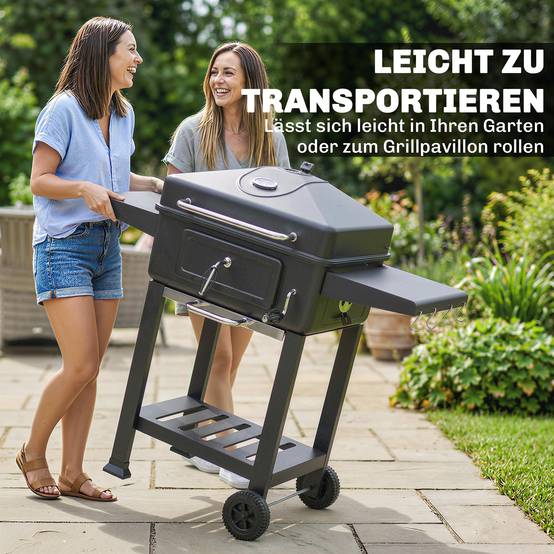 ComfortXL - Barbecue à charbon métal noir 0,23 m² jardin couvercle fumoir thermomètre chaleur réglable et chariot mobile - Image 9
