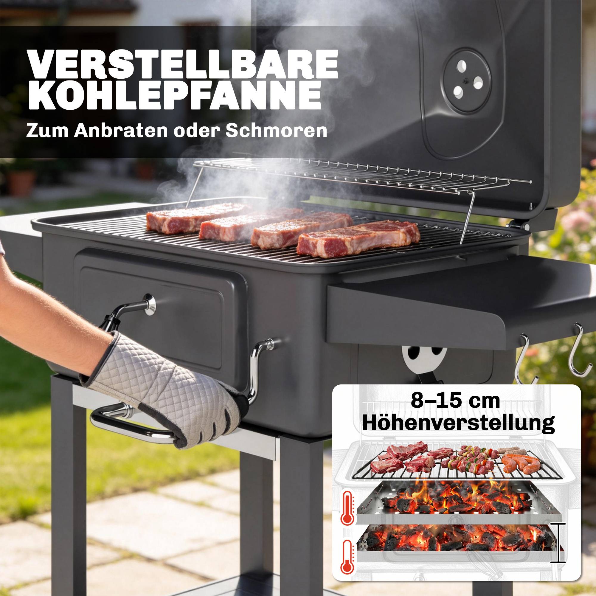 ComfortXL - Barbecue à charbon métal noir 0,23 m² jardin couvercle fumoir thermomètre chaleur réglable et chariot mobile - Image 5