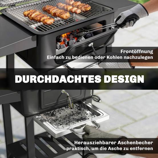 ComfortXL - Barbecue à charbon métal noir 0,23 m² jardin couvercle fumoir thermomètre chaleur réglable et chariot mobile - Image 8