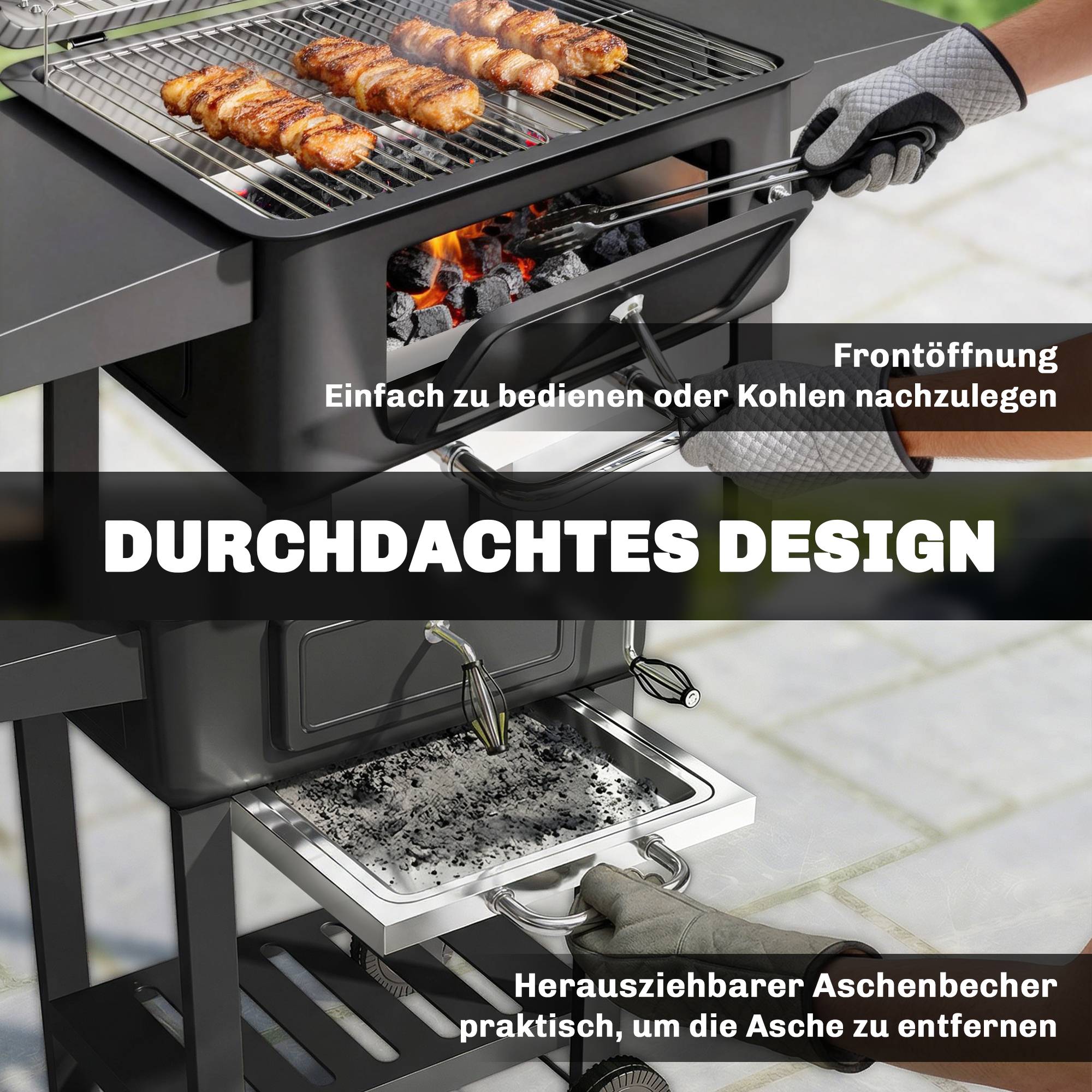 ComfortXL - Barbecue à charbon métal noir 0,23 m² jardin couvercle fumoir thermomètre chaleur réglable et chariot mobile - Image 8