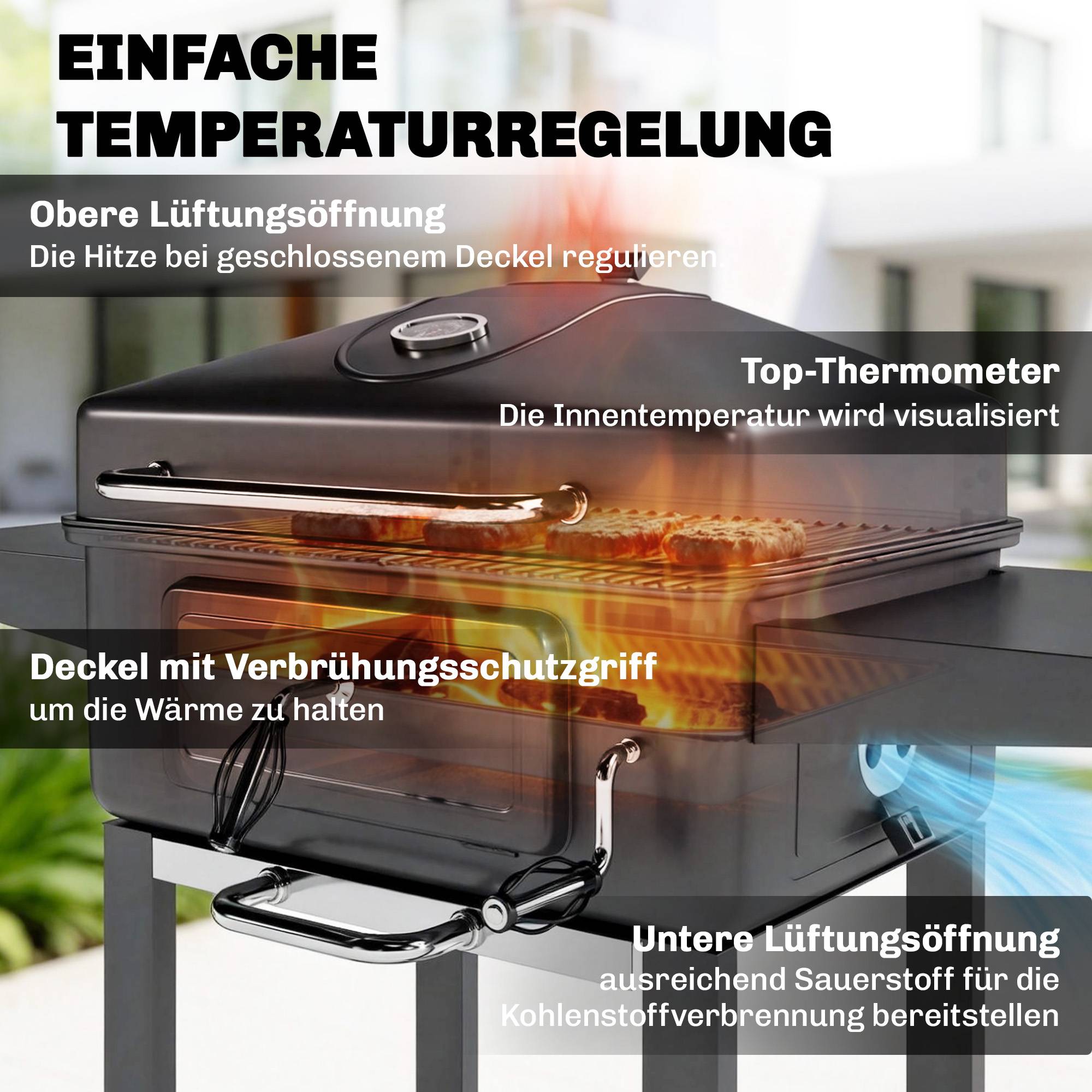 ComfortXL - Barbecue à charbon métal noir 0,23 m² jardin couvercle fumoir thermomètre chaleur réglable et chariot mobile - Image 6