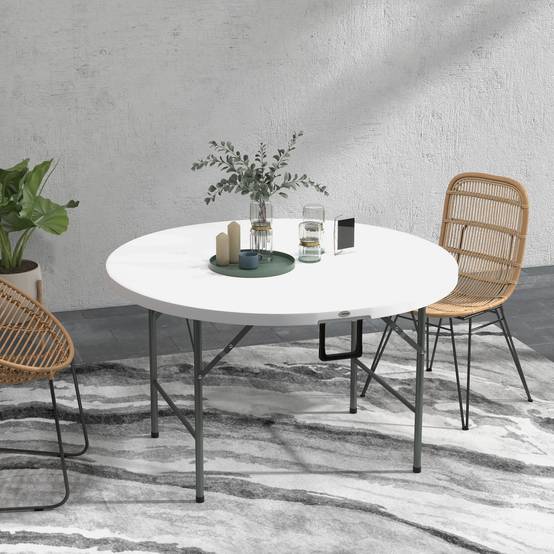 Table de jardin ronde pliante Acier HDPE Pique-nique Camping Valise 122cm Blanc - ComfortXL Outdoor Living - Image 3