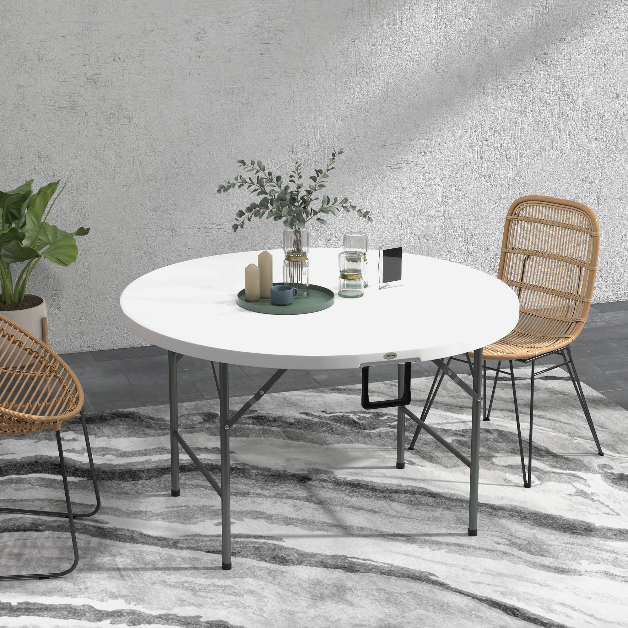 Table de jardin ronde pliante Acier HDPE Pique-nique Camping Valise 122cm Blanc - ComfortXL Outdoor Living - Image 3