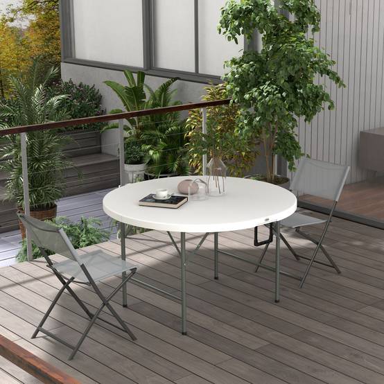 Table de jardin ronde pliante Acier HDPE Pique-nique Camping Valise 122cm Blanc - ComfortXL Outdoor Living - Image 4