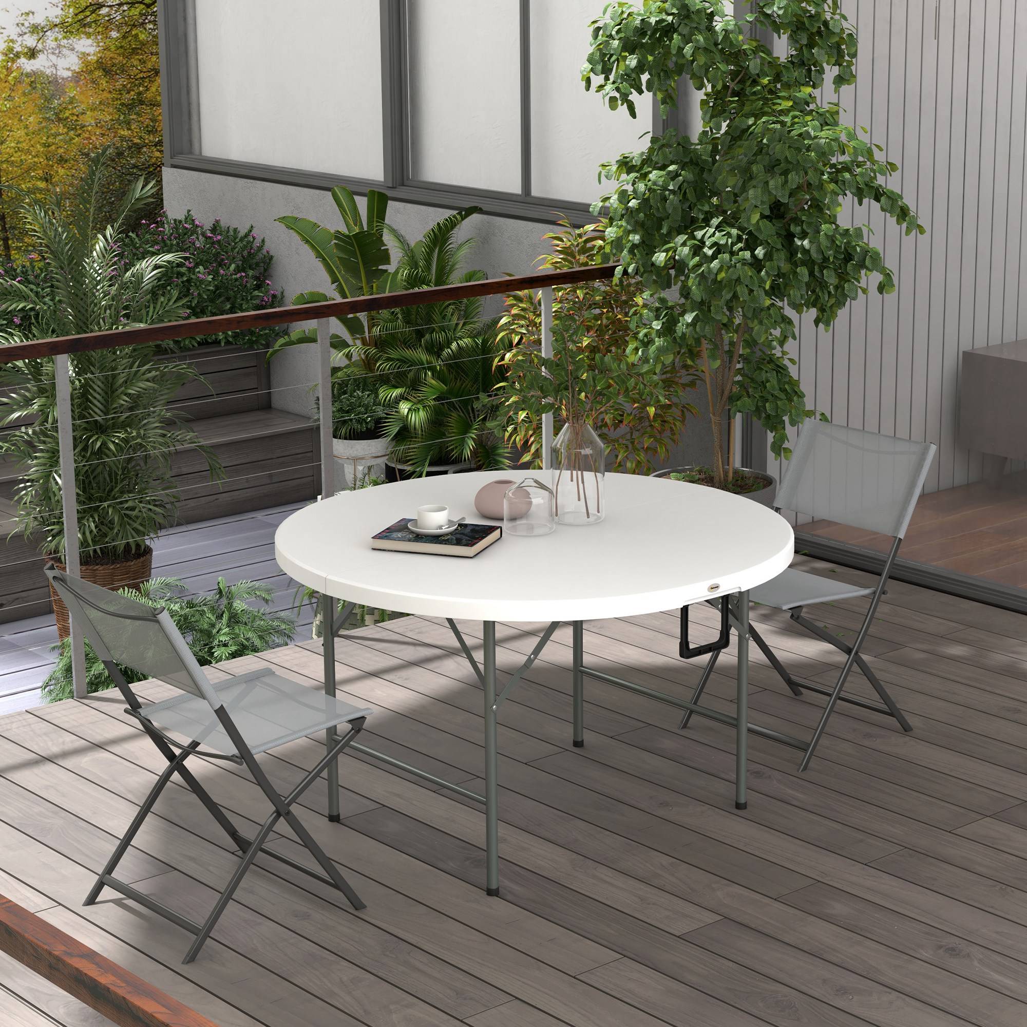Table de jardin ronde pliante Acier HDPE Pique-nique Camping Valise 122cm Blanc - ComfortXL Outdoor Living - Image 4