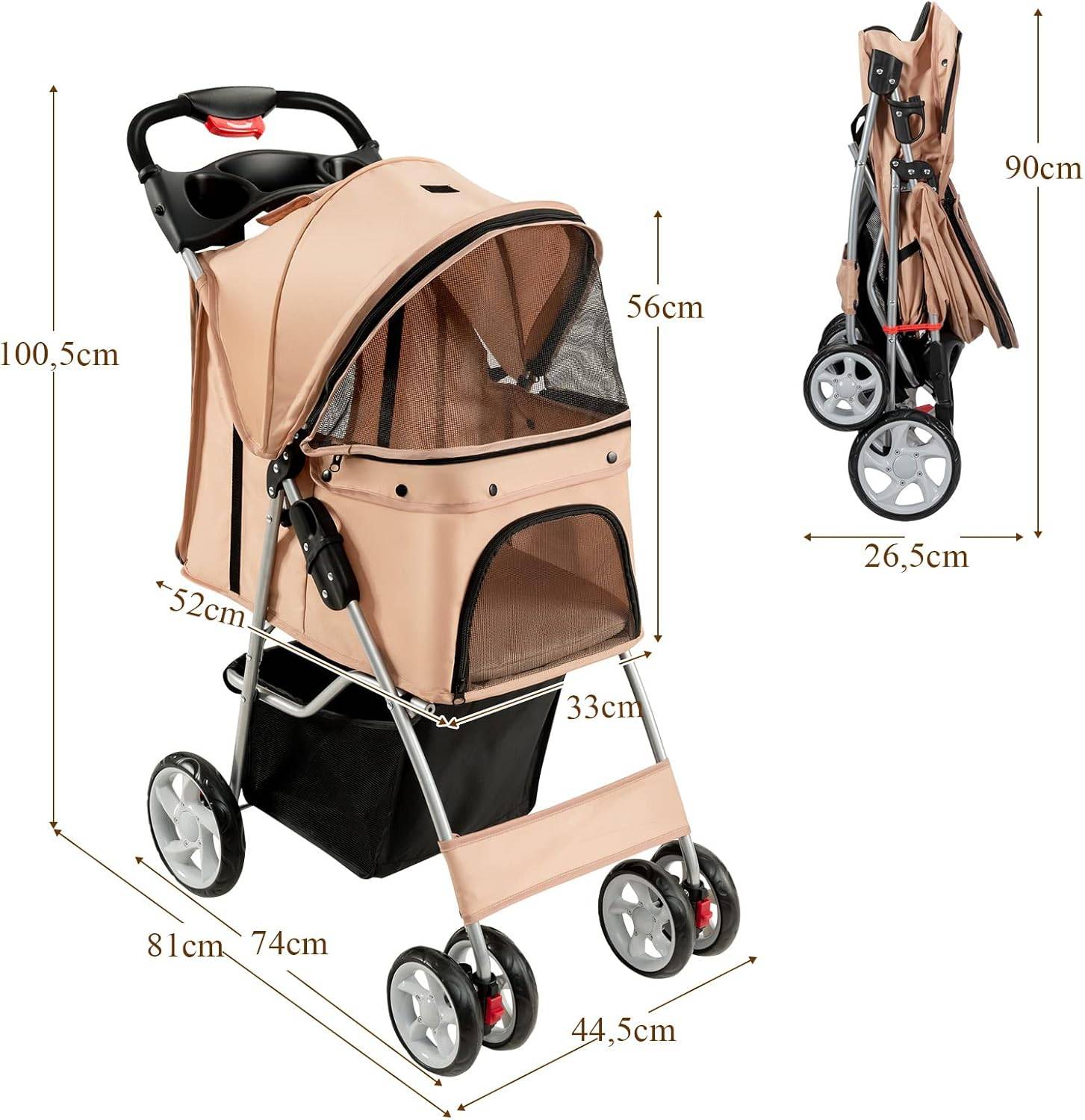 Poussette pour Animaux Pliante 4 Roues avec Fenêtres, Porte-gobelet et Panier de Rangement Beige - Image 5