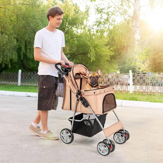 Poussette pour Animaux Pliante 4 Roues avec Fenêtres, Porte-gobelet et Panier de Rangement Beige - Image 1