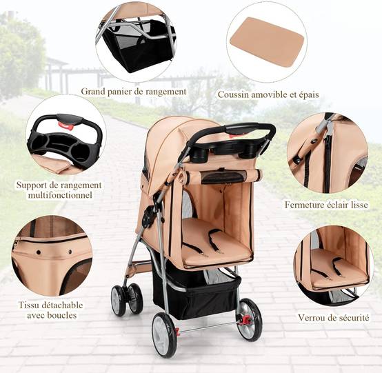 Poussette pour Animaux Pliante 4 Roues avec Fenêtres, Porte-gobelet et Panier de Rangement Beige - Image 2