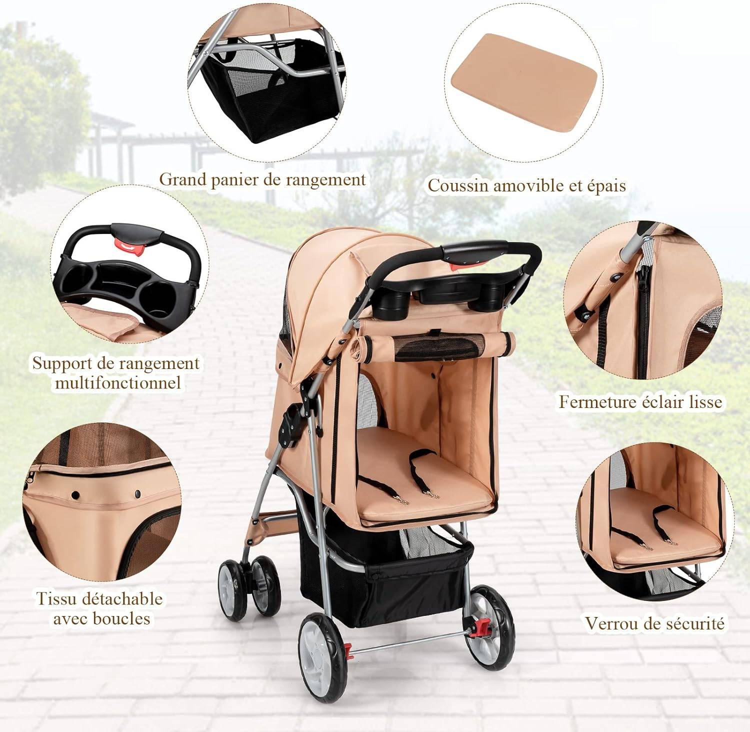 Poussette pour Animaux Pliante 4 Roues avec Fenêtres, Porte-gobelet et Panier de Rangement Beige - Image 2