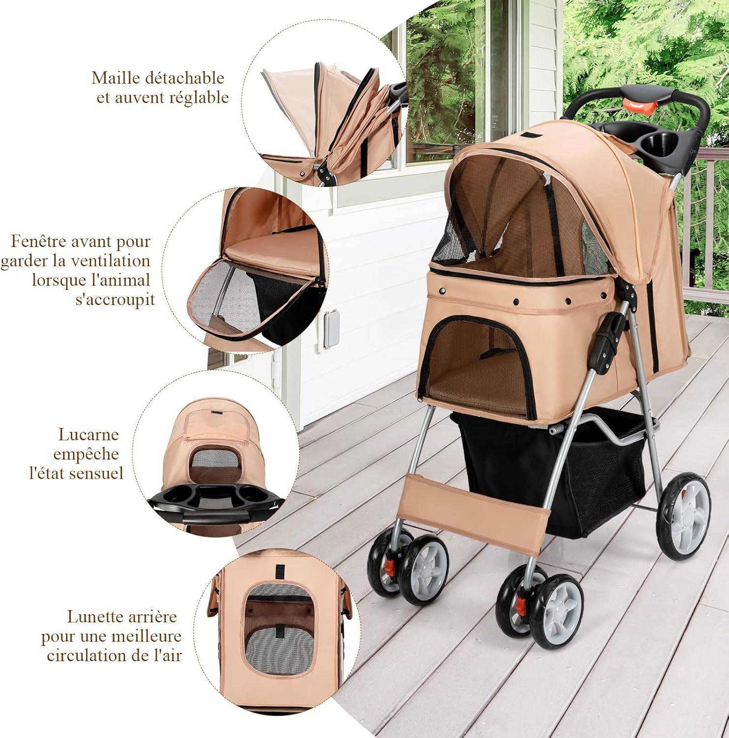 Poussette pour Animaux Pliante 4 Roues avec Fenêtres, Porte-gobelet et Panier de Rangement Beige - Image 3