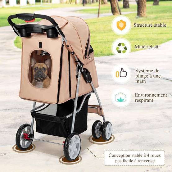 Poussette pour Animaux Pliante 4 Roues avec Fenêtres, Porte-gobelet et Panier de Rangement Beige - Image 4
