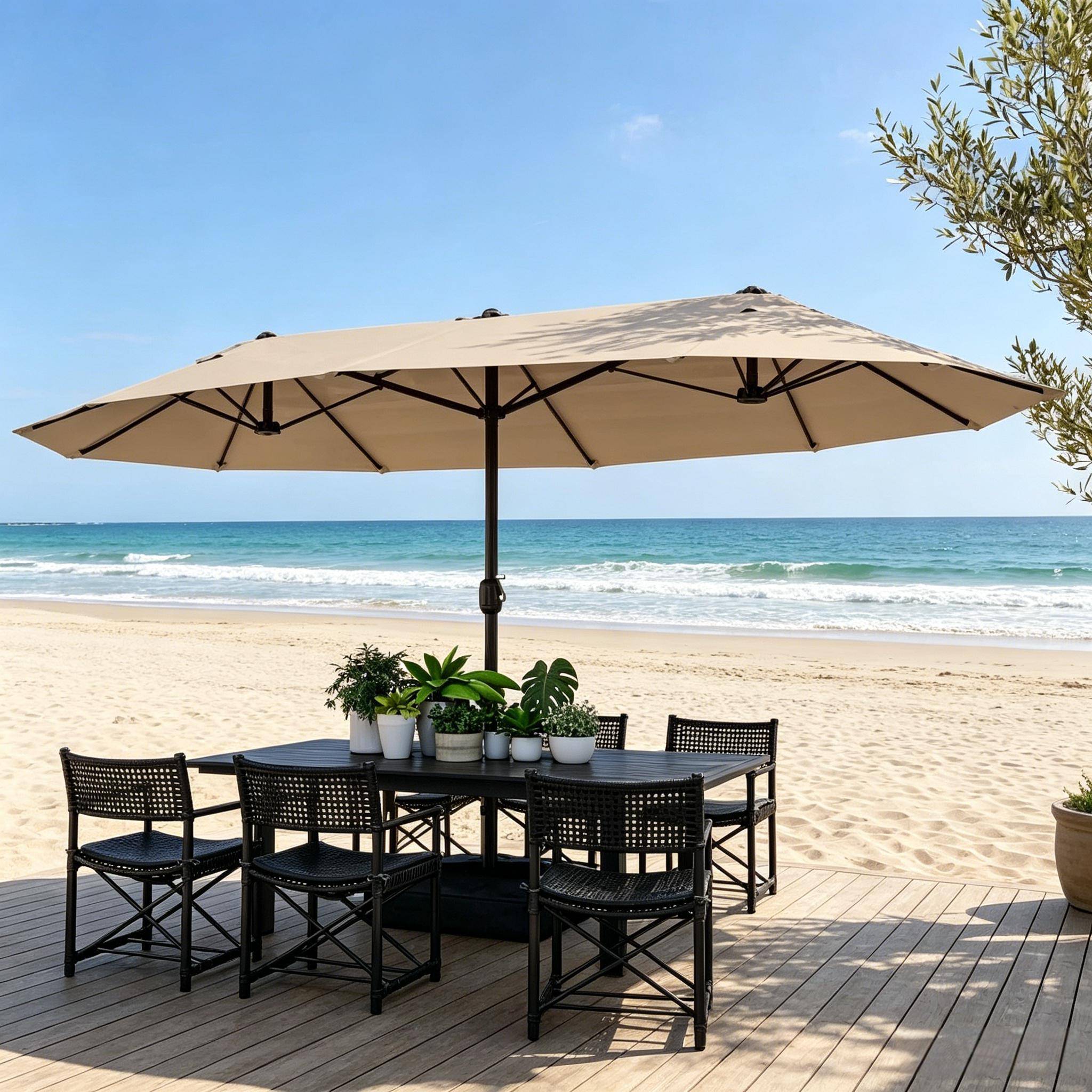 Parasol Double Rectangulaire Acier Jardin Terrasse avec Manivelle et Base 455x265cm Kaki - ComfortXL Outdoor Living - Image 2