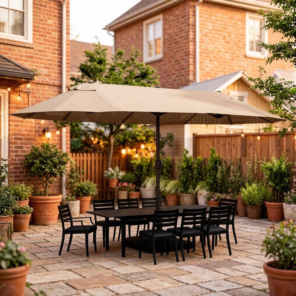 Parasol Double Rectangulaire Acier Jardin Terrasse avec Manivelle et Base 455x265cm Kaki - ComfortXL Outdoor Living - Image 1