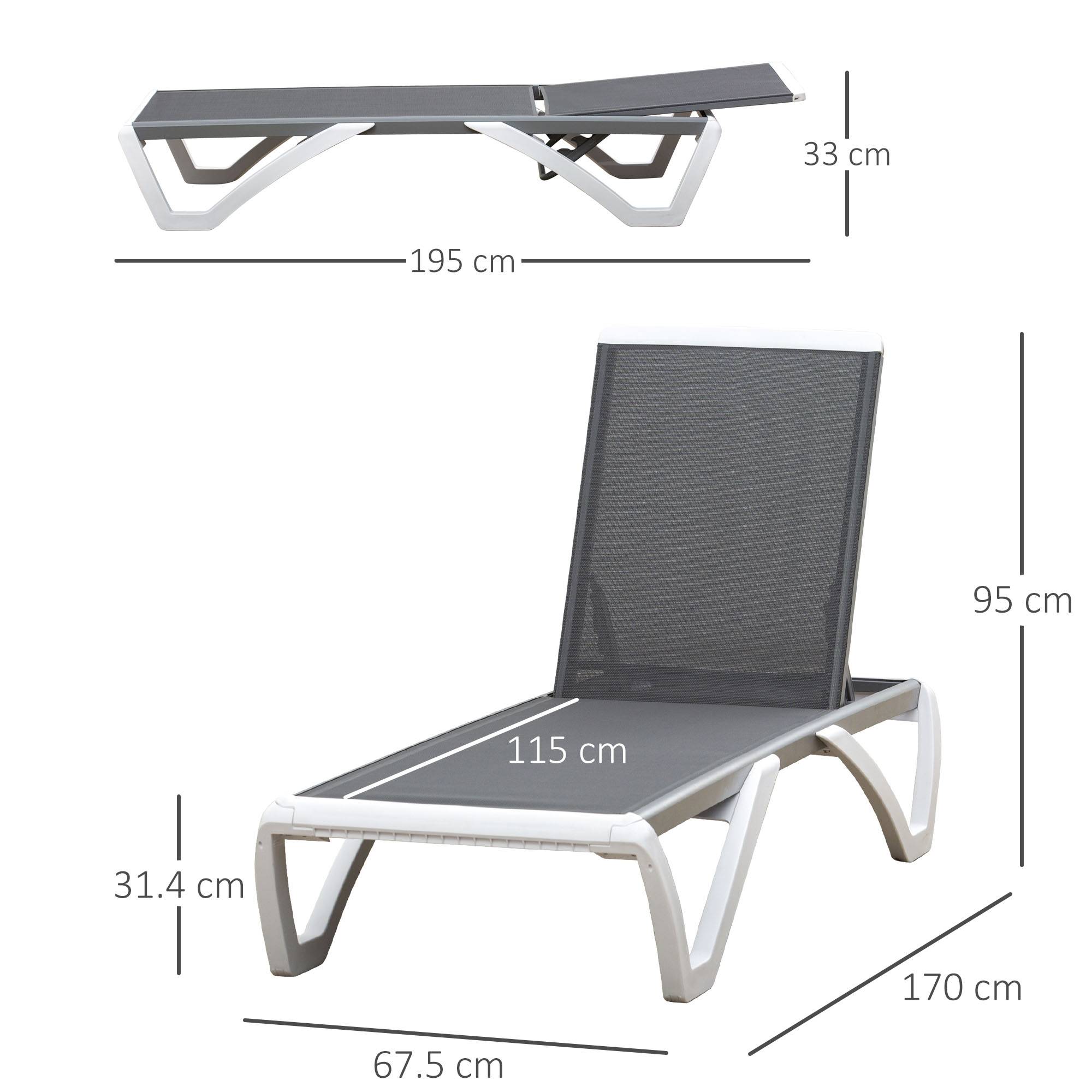 Lit de bronzage dossier inclinable avec roues arrière, 195x67,5x33 cm, gris et blanc - Image 5