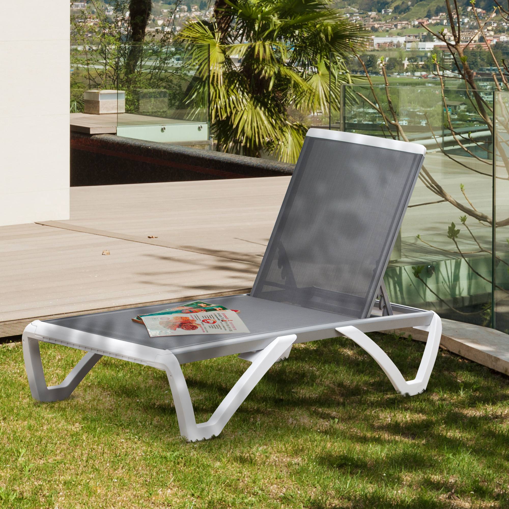 Lit de bronzage dossier inclinable avec roues arrière, 195x67,5x33 cm, gris et blanc - Image 4