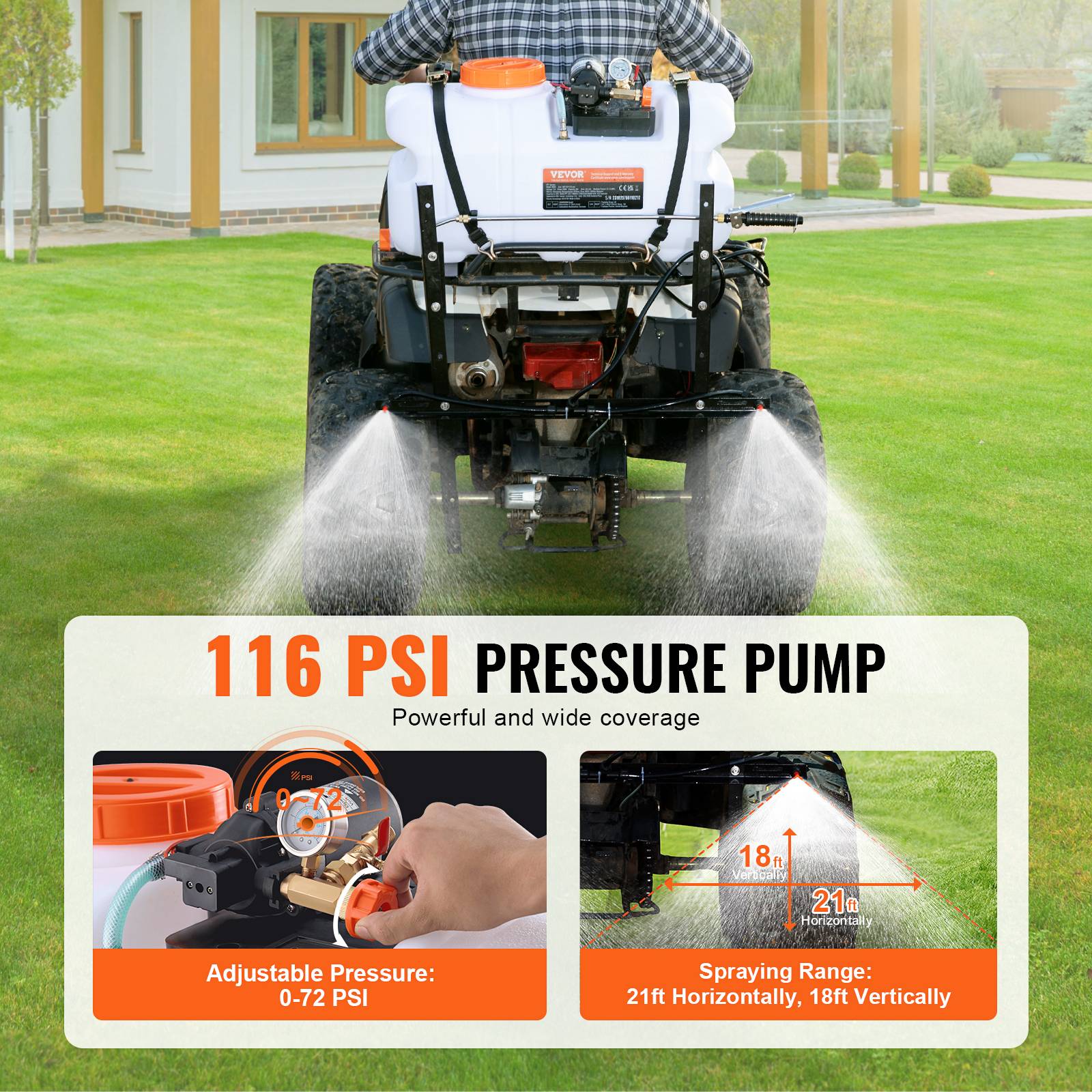 VEVOR Pulvérisateur VTT/UTV 60L, pompe 12V 7L/min, pression 0-72 PSI, rampe buses, tuyau 6.1m. - Image 3