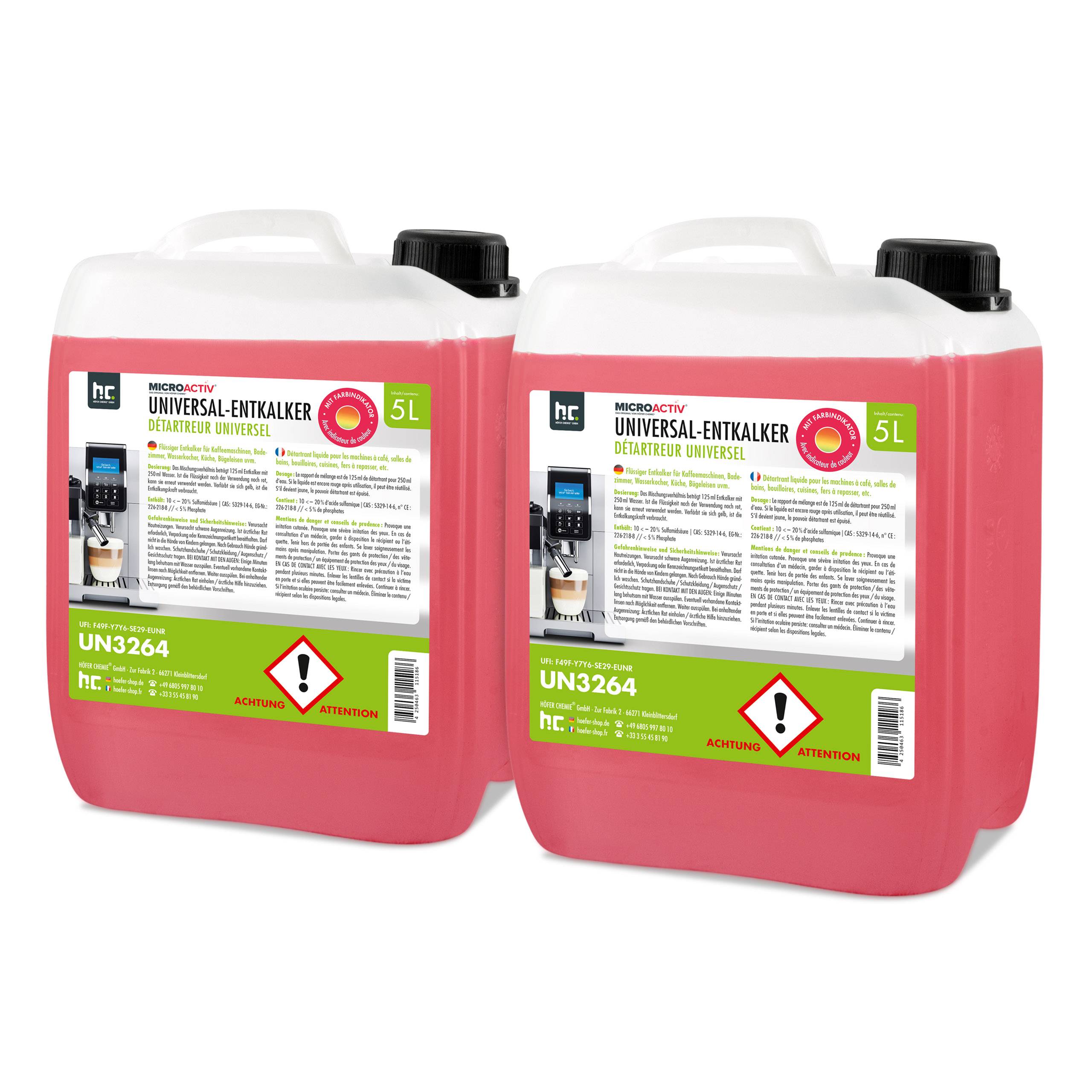 Détartrant universel Microactiv® avec indicateur de couleur pour machines à café entièrement automatiques en bidon de 5 L x 2