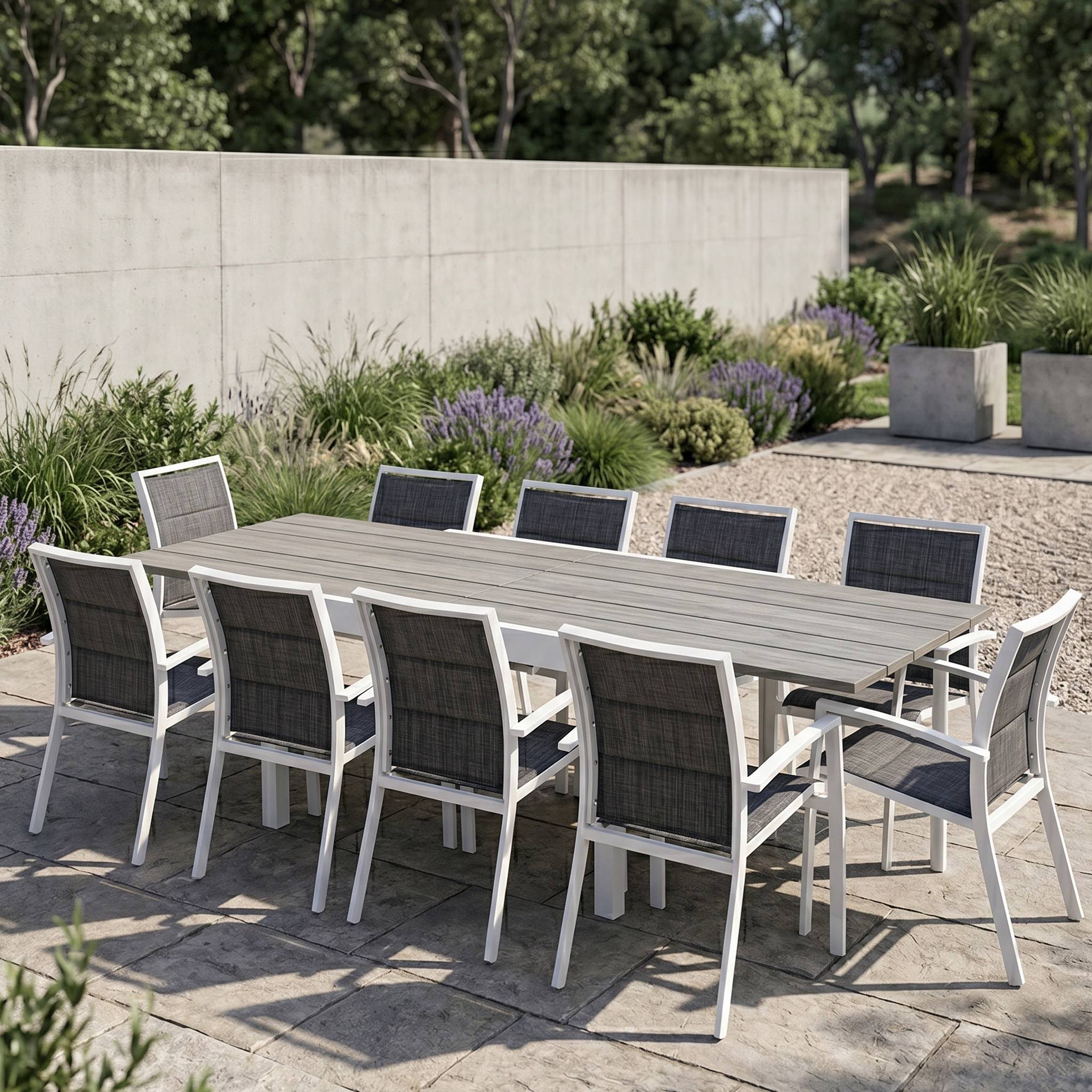 Wilsa Garden - Ensemble MODULO 6/10p en aluminium blanc et verre décors bois avec 10 fauteuils en textilène - Imagen 1