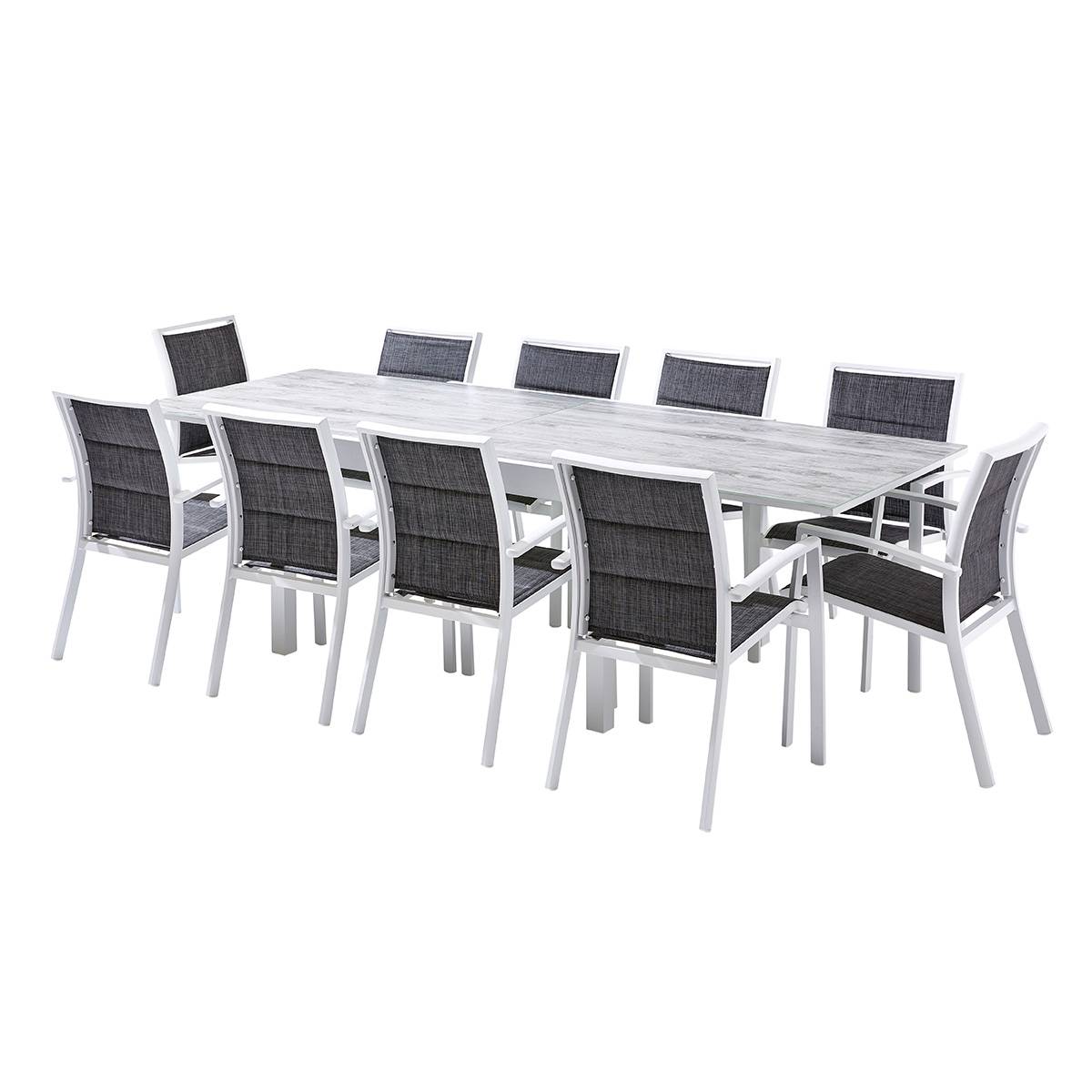 Wilsa Garden - Ensemble MODULO 6/10p en aluminium blanc et verre décors bois avec 10 fauteuils en textilène - Imagen 2