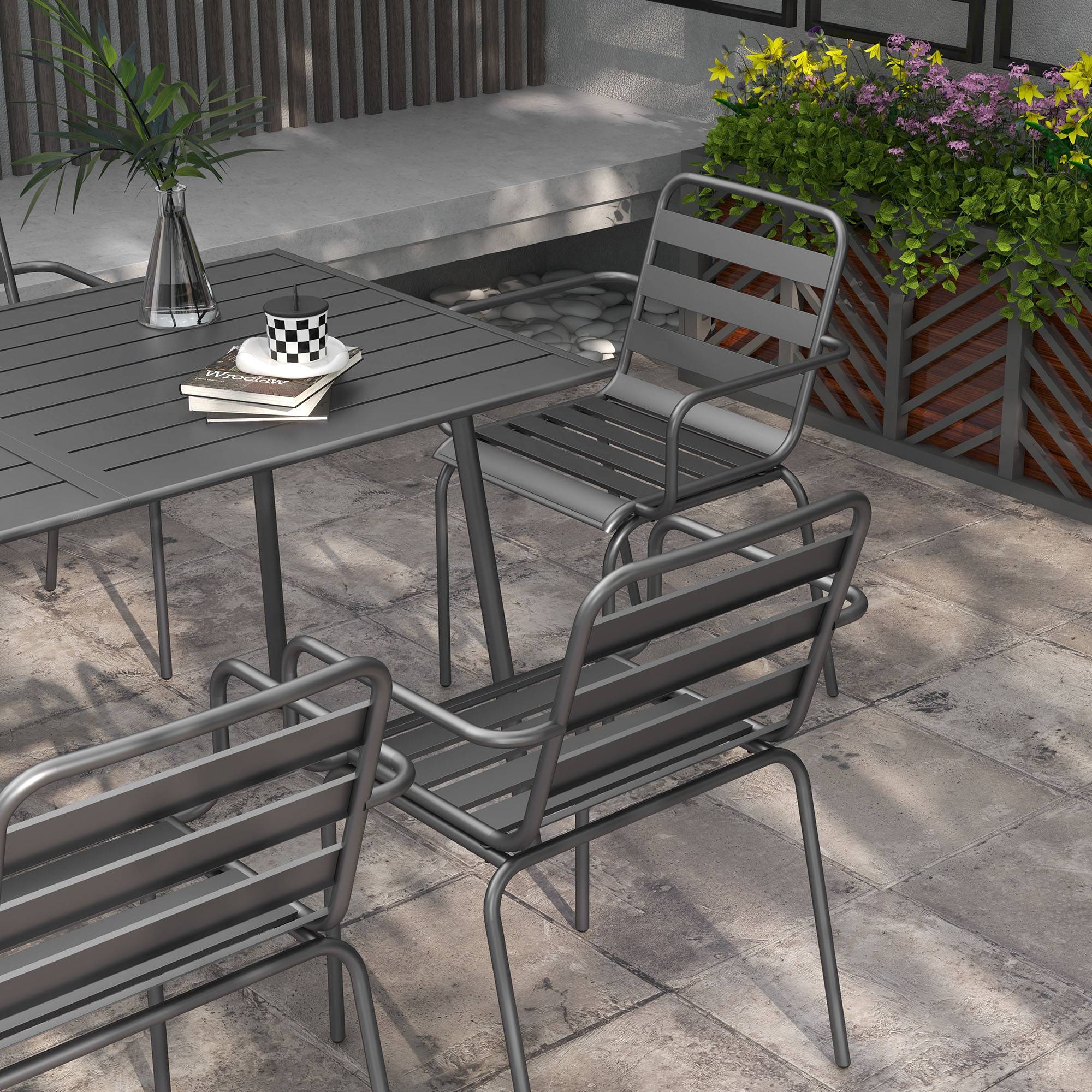 Salon de jardin acier gris foncé 150 x 80 x 74 cm - PANGIVO - Image 9