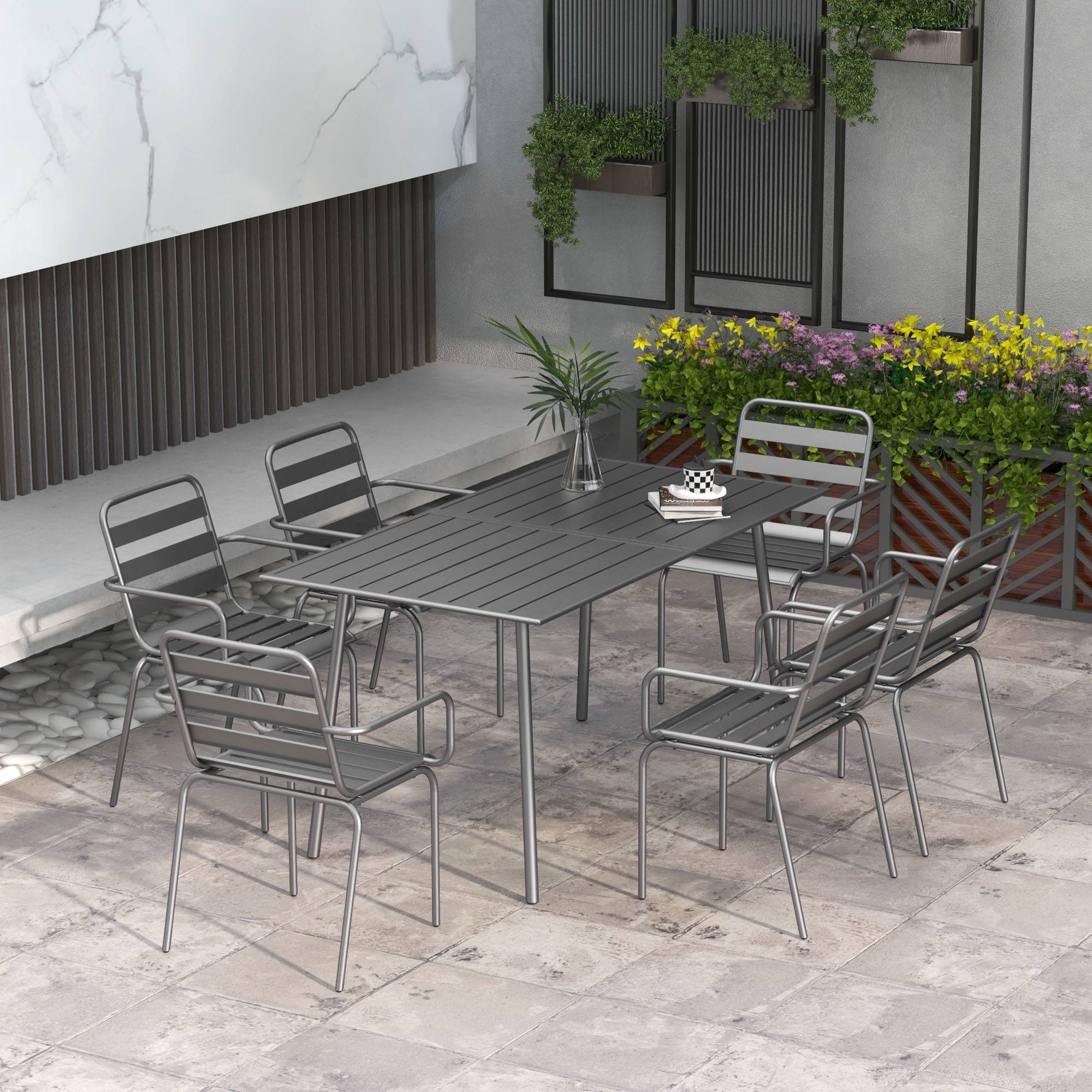 Salon de jardin acier gris foncé 150 x 80 x 74 cm - PANGIVO - Image 3
