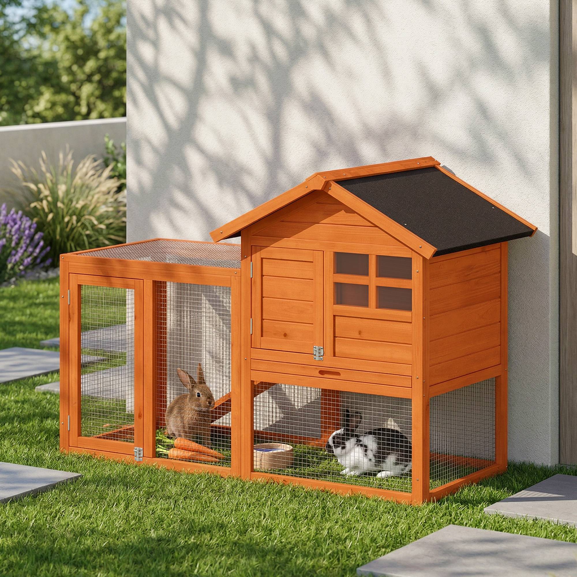 Clapier lapin deux niveaux, toit bitumé étanche, aire de sortie, rampe, 123,5x62,6x92,5cm, orange - Image 4