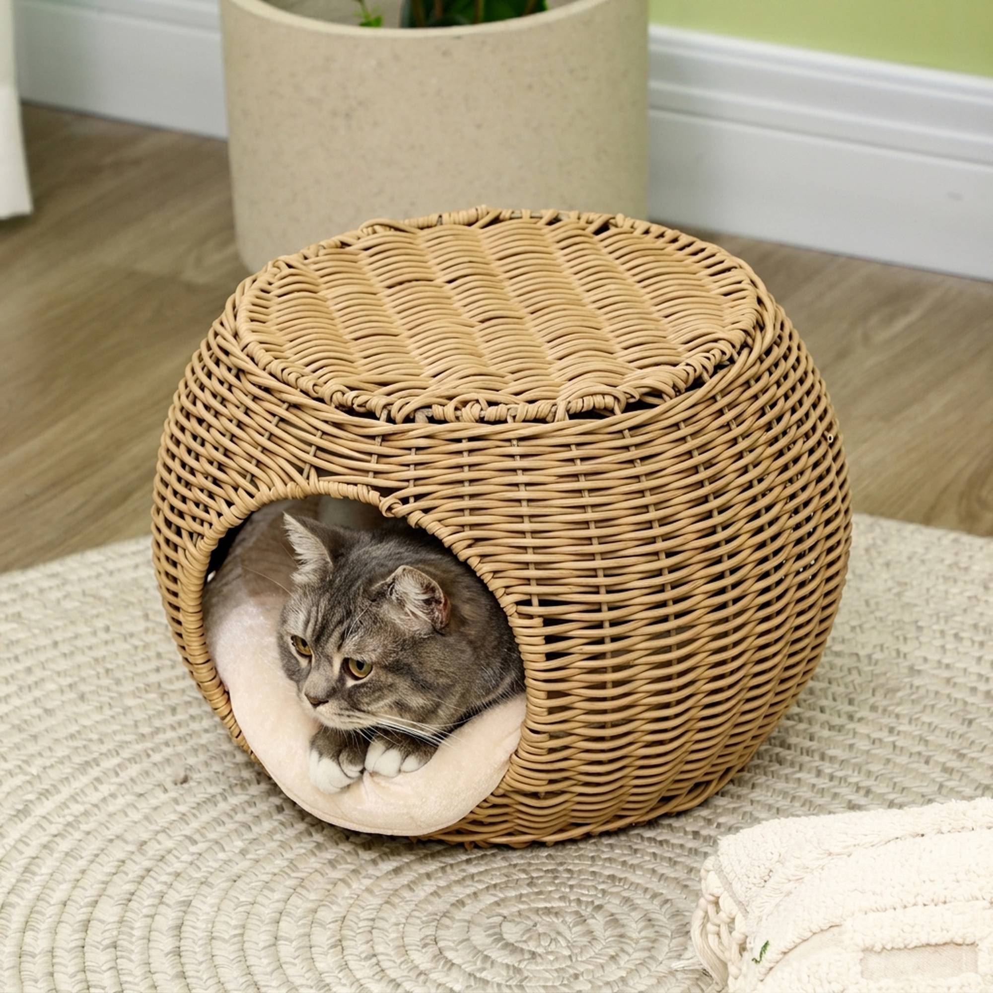 ComfortXL - Panier pour chat rotin PE marron Ø40 x 30 cm couchage 2 niveaux avec coussin doux pour chat jusqu’à 3,5 kg - Image 7