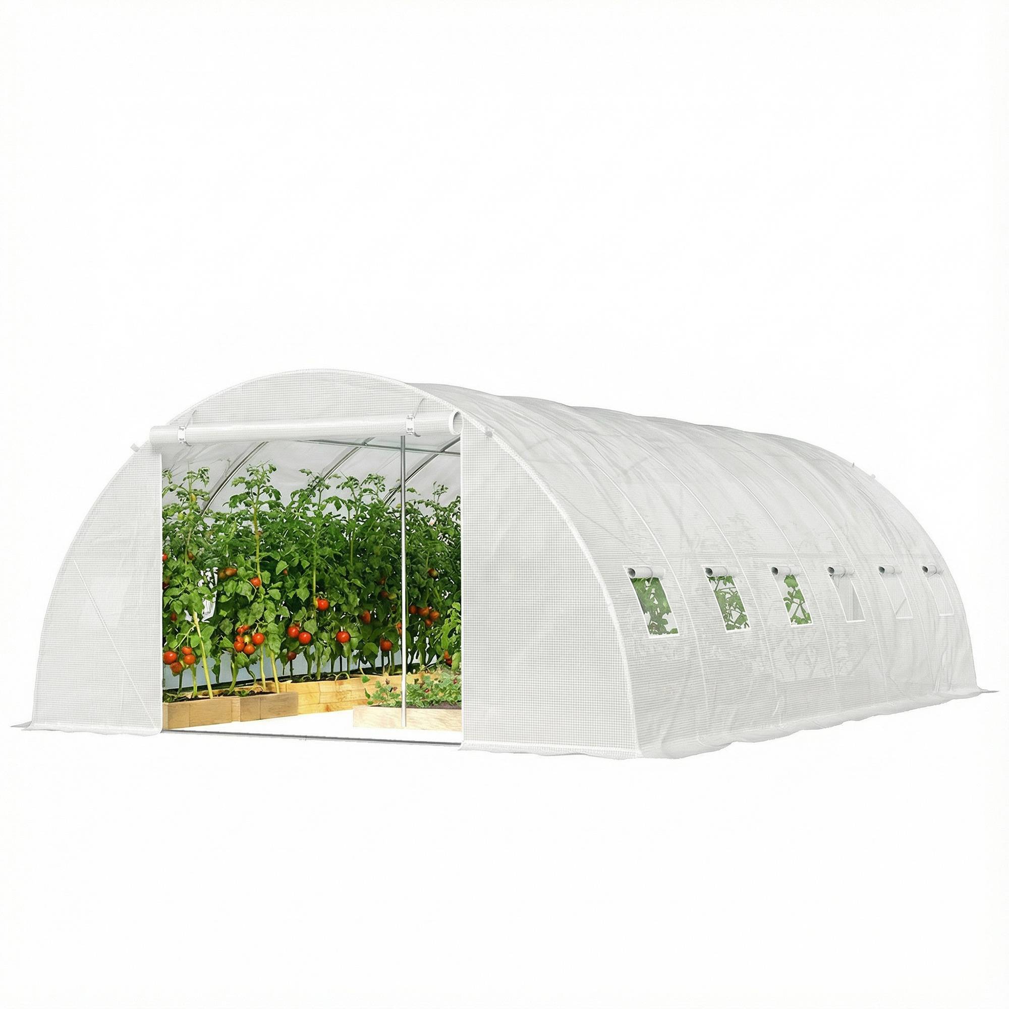 Serre tunnel avec 2 barres de support, 2 portes enroulables et fenêtres en filet, bâche en PE anti-UV, blanche - Image 2