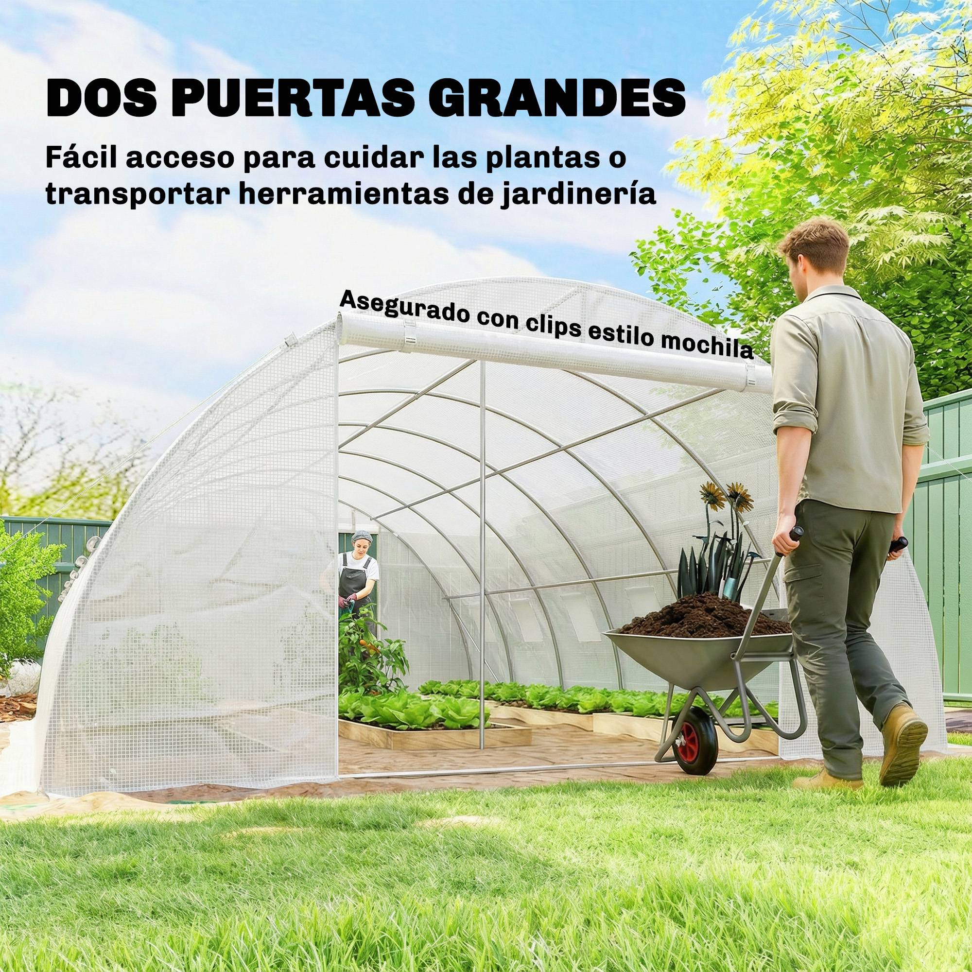 Serre tunnel avec 2 barres de support, 2 portes enroulables et fenêtres en filet, bâche en PE anti-UV, blanche - Image 9