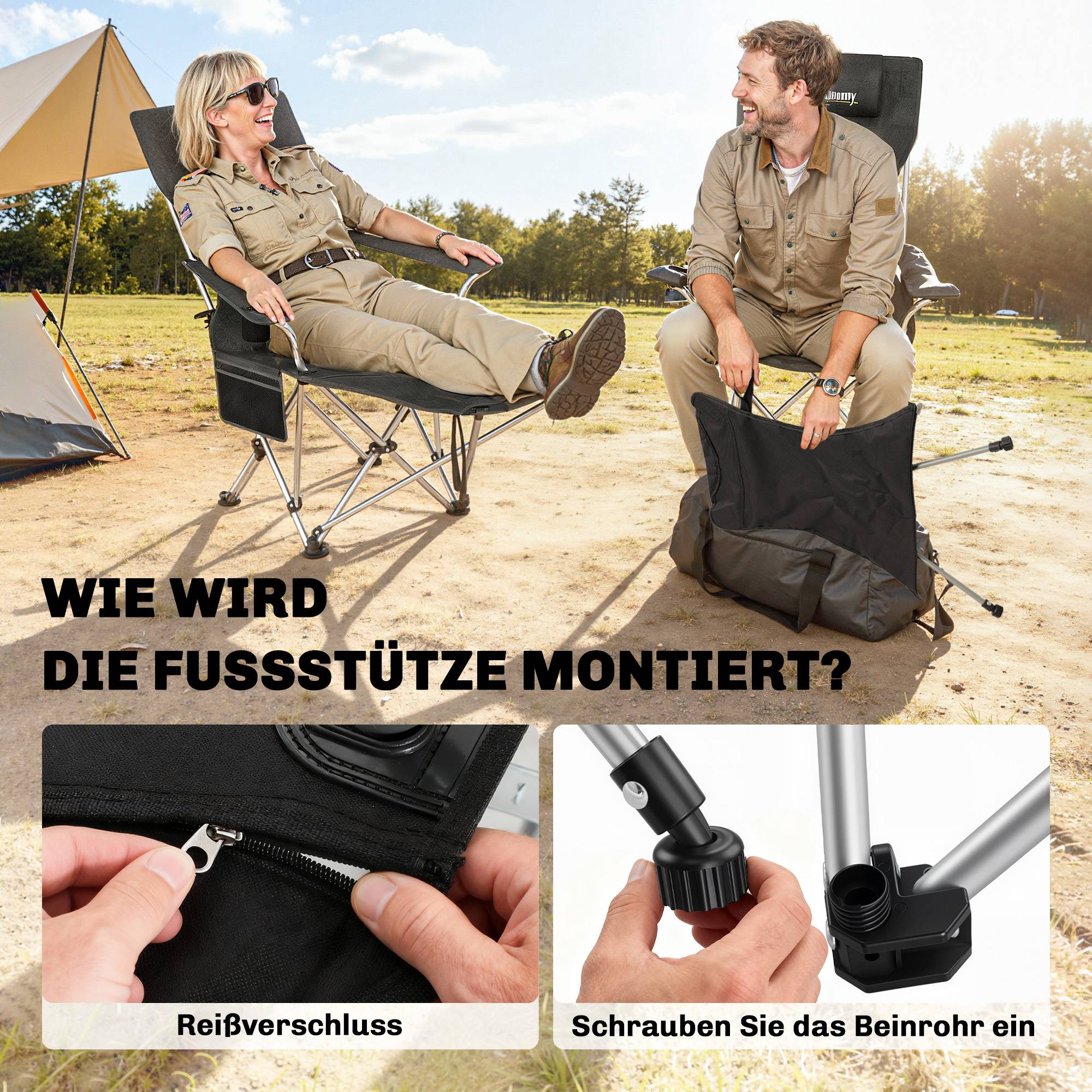 Lot 2 chaises camping métal Oxford pour pêche dossier réglable 125x48x90cm noir - ComfortXL Outdoor Living - Image 9