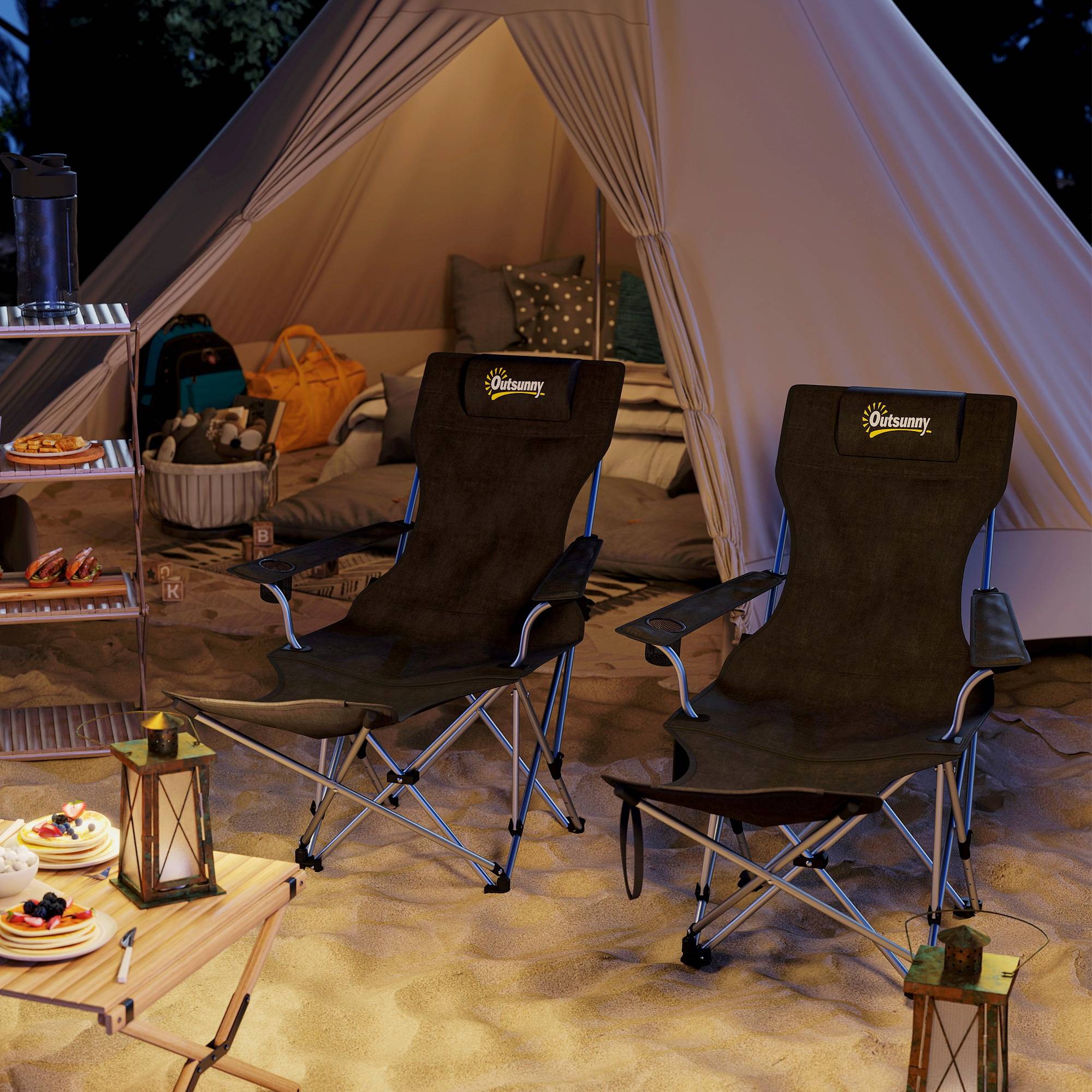 Lot 2 chaises camping métal Oxford pour pêche dossier réglable 125x48x90cm noir - ComfortXL Outdoor Living - Image 4