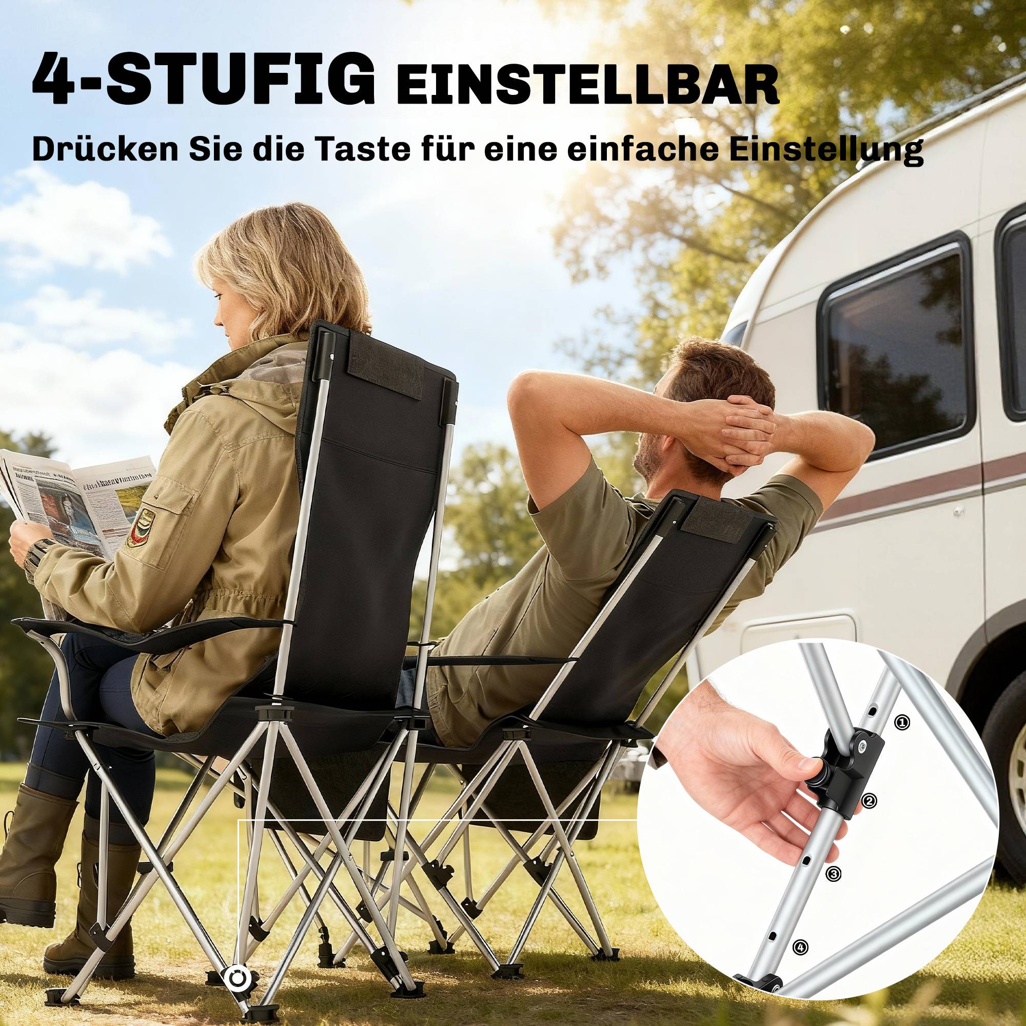 Lot 2 chaises camping métal Oxford pour pêche dossier réglable 125x48x90cm noir - ComfortXL Outdoor Living - Image 6