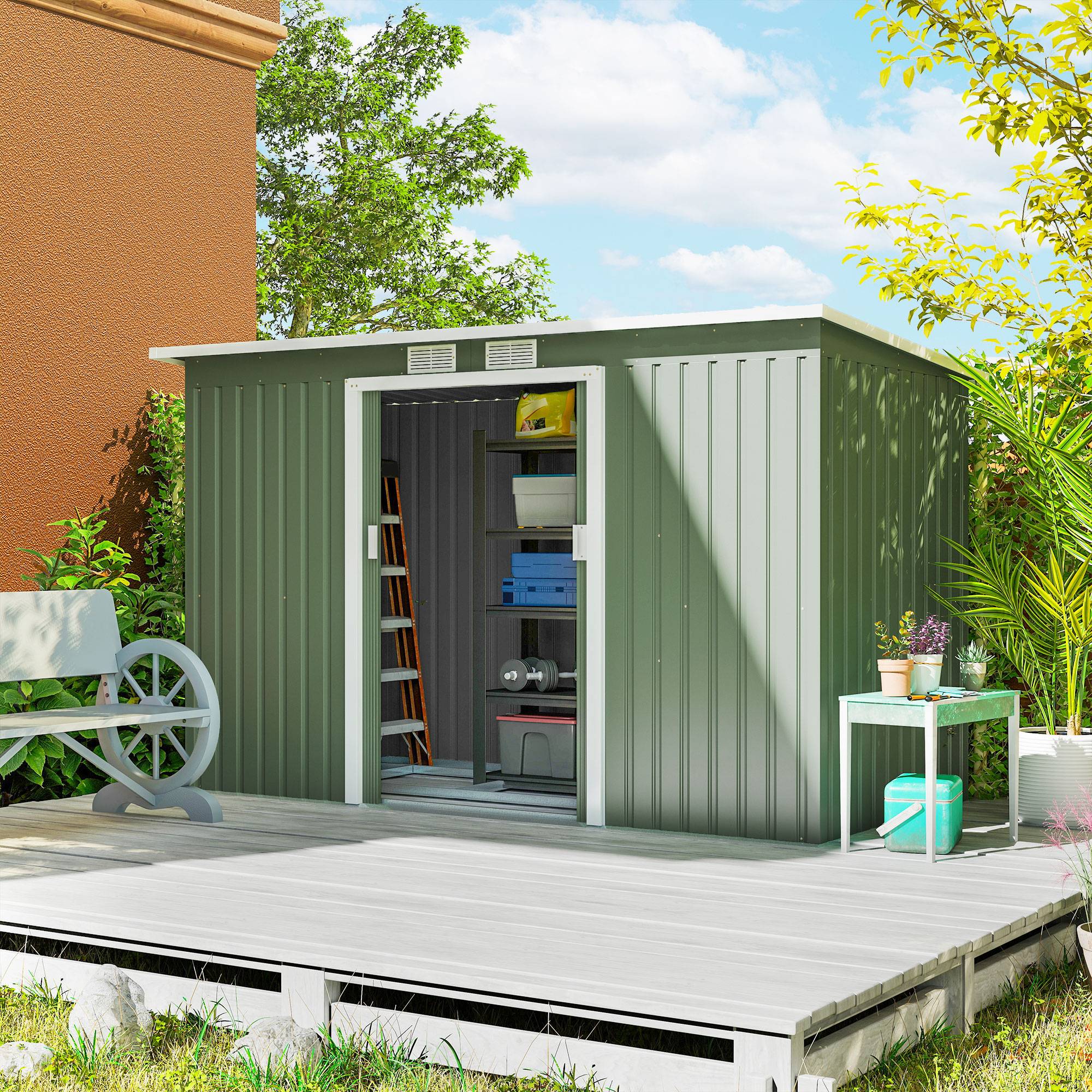 Abri de jardin extérieur 280 x 130 x 172 cm avec portes coulissantes, fond et ventilation, vert clair - Image 3