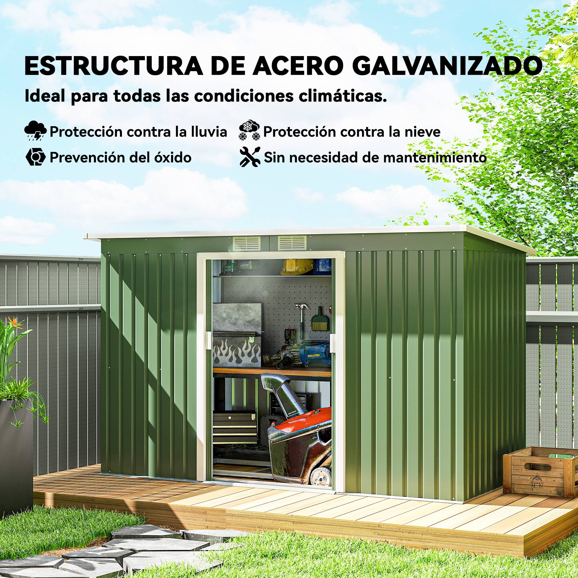 Abri de jardin extérieur 280 x 130 x 172 cm avec portes coulissantes, fond et ventilation, vert clair - Image 6
