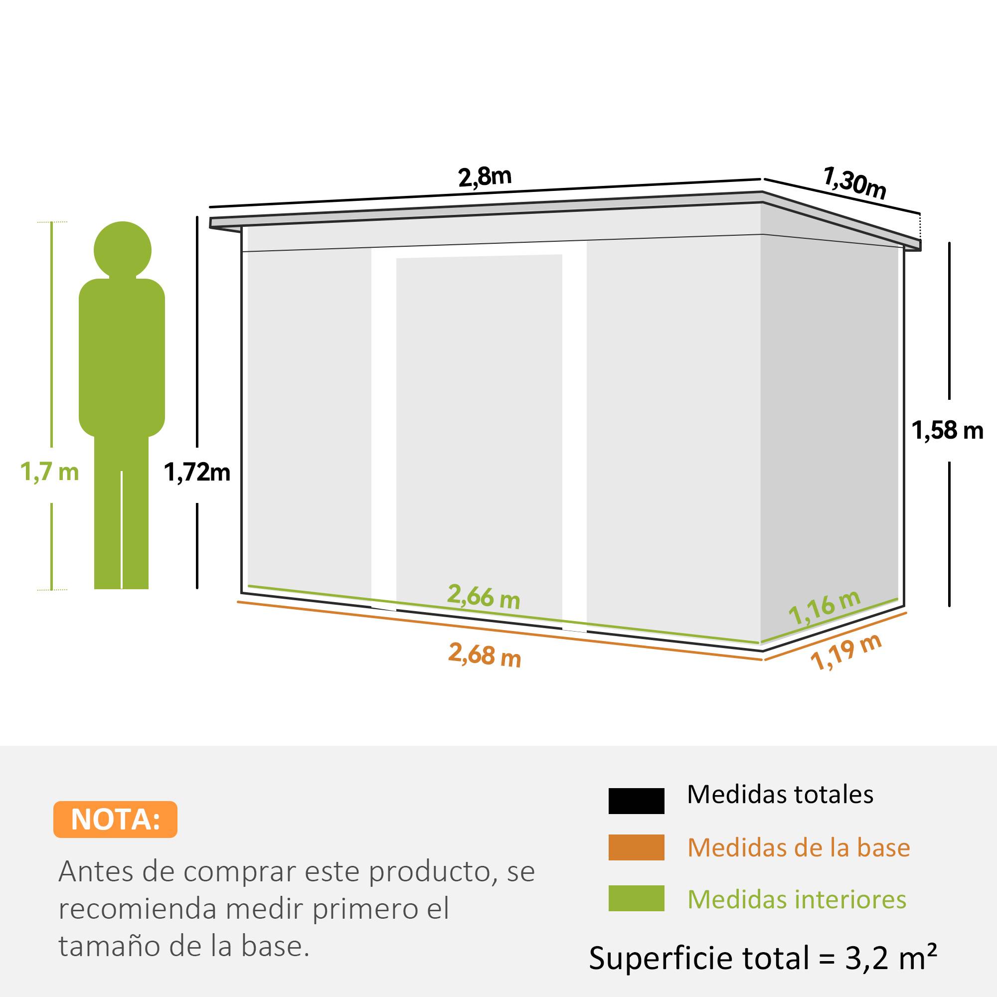 Abri de jardin extérieur 280 x 130 x 172 cm avec portes coulissantes, fond et ventilation, vert clair - Image 5
