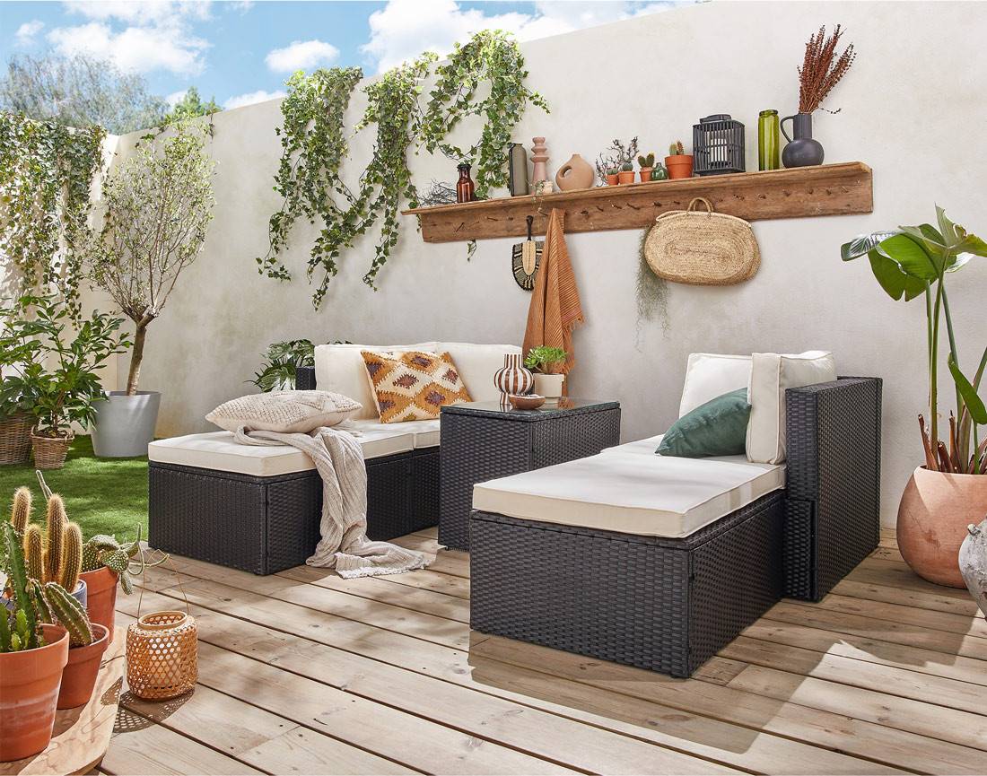 Best Mobilier - Otaki - salon bas de jardin modulable 5 places - résine tressée noire et coussins beiges - Best Mobilier - Imagen 3