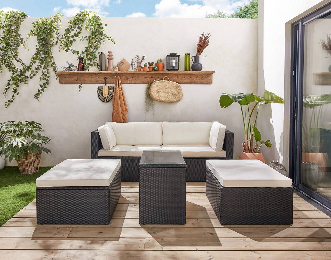 Best Mobilier - Otaki - salon bas de jardin modulable 5 places - résine tressée noire et coussins beiges - Best Mobilier - Imagen 10